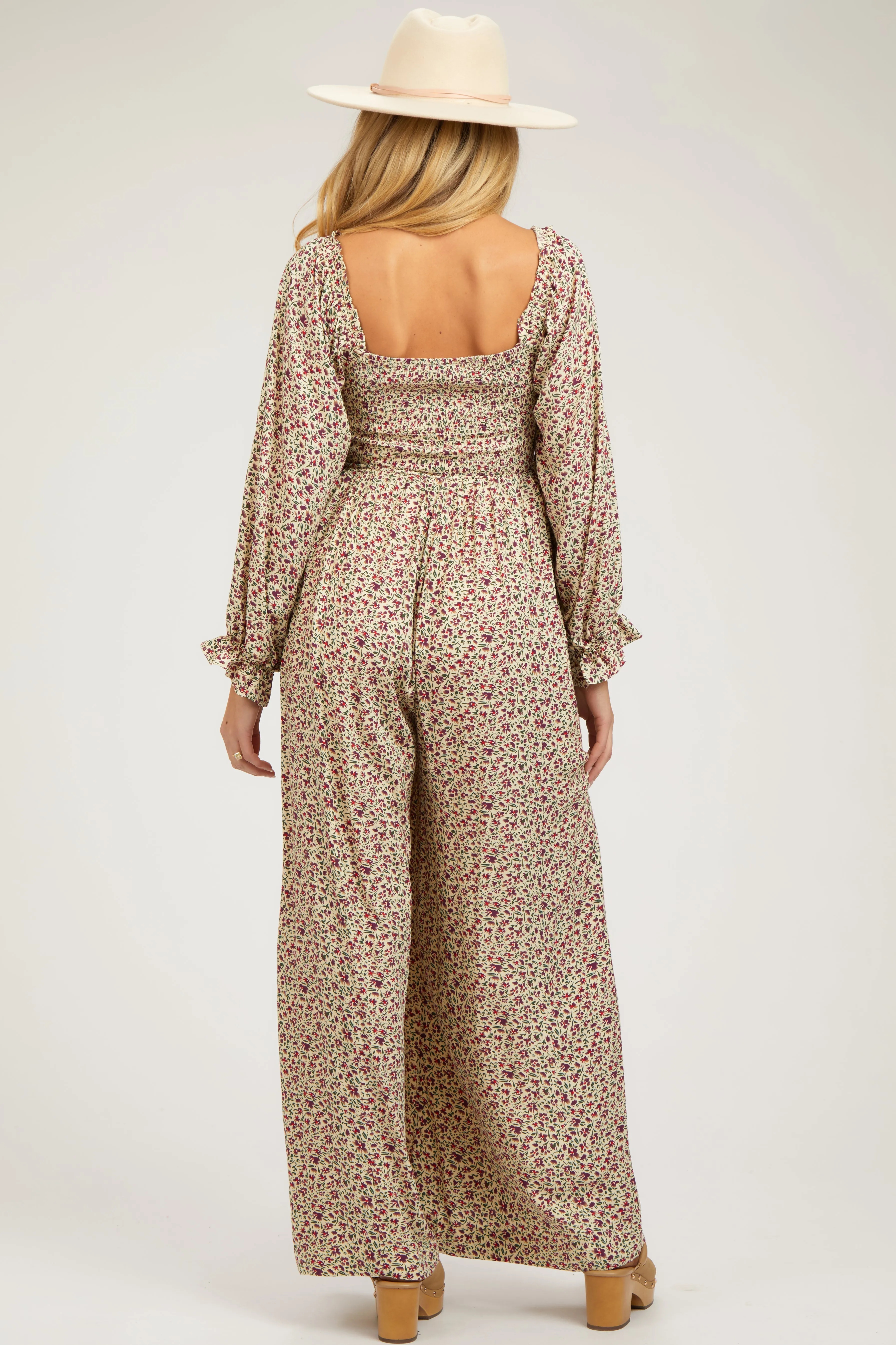 Beige Floral Smocked Wide Leg Maternity Jumpsuit sold by Pinkblush product image thumbnail 3