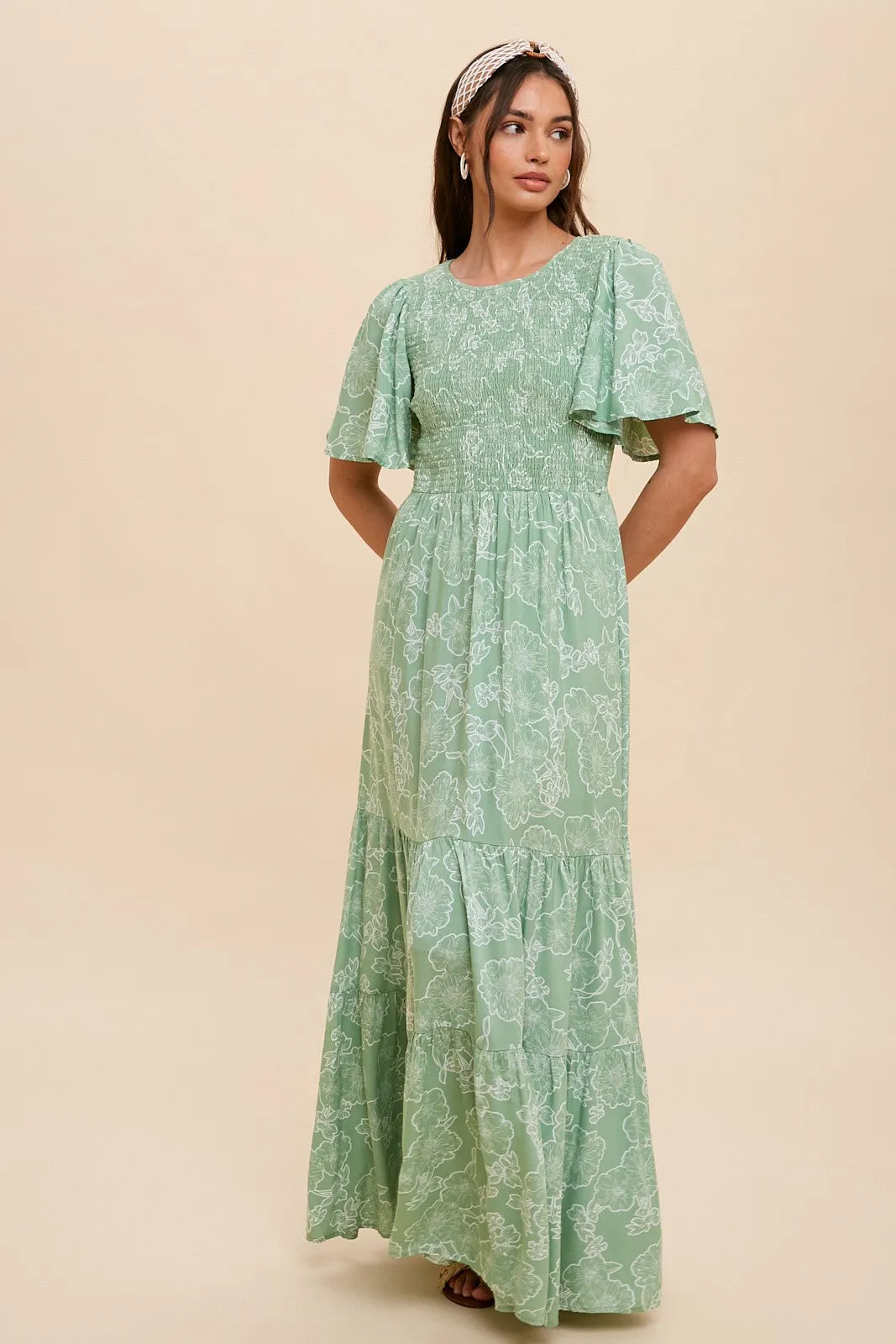 Light Green Floral Flounce Sleeve Maxi Dress sold by Pinkblush product image thumbnail 3