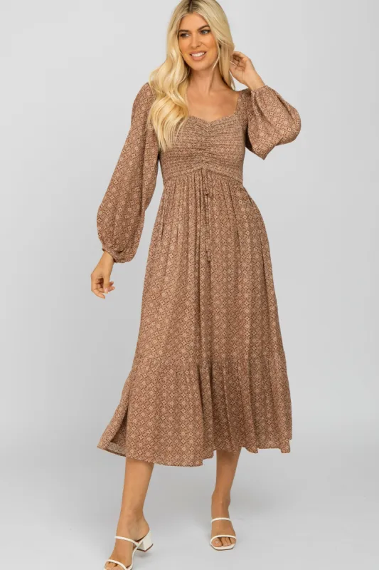 Rust Printed Sweetheart Neck Dress sold by Pinkblush