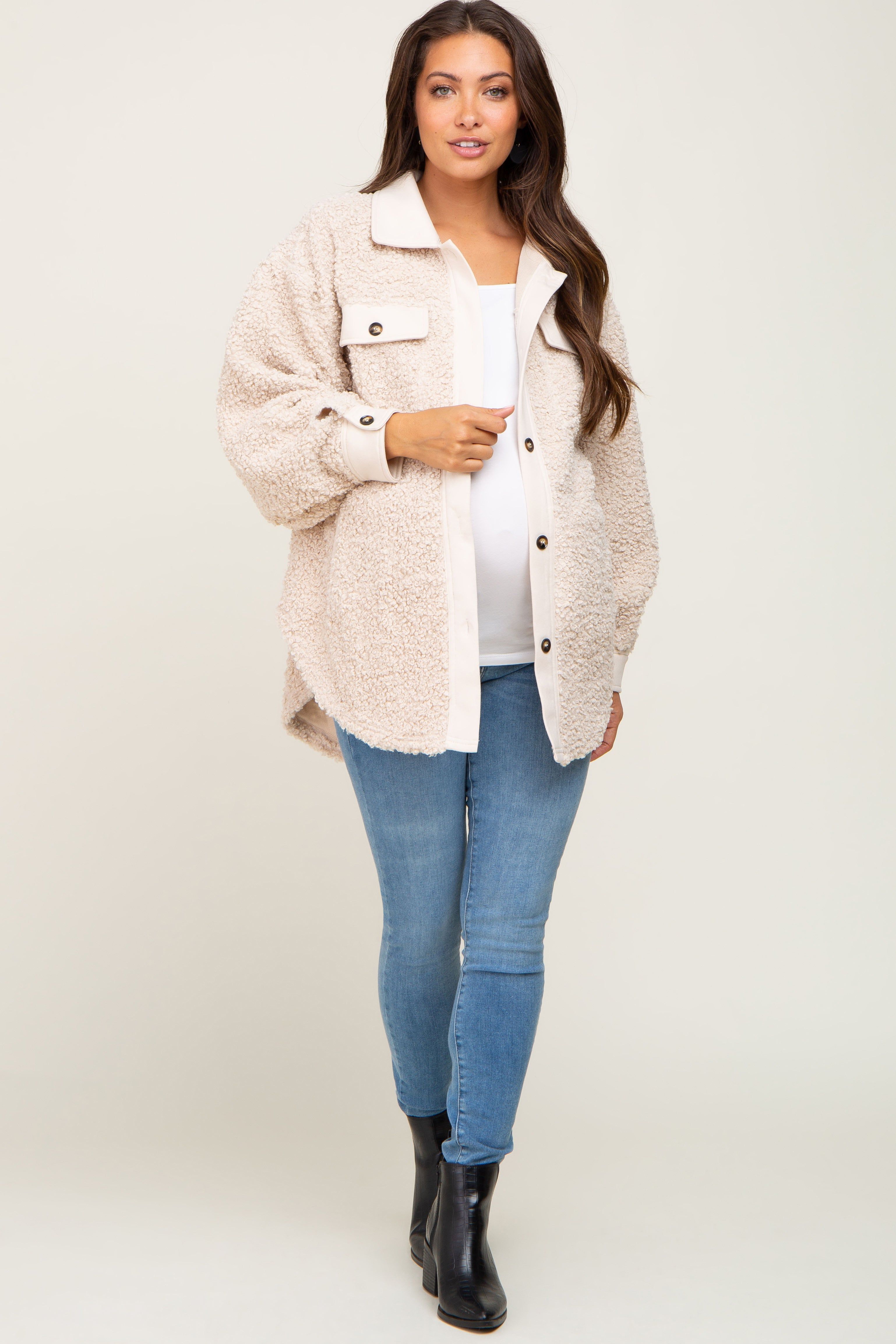Beige Contrast Oversized Sherpa Maternity Coat sold by Pinkblush product image thumbnail 4