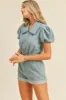 Light Denim Romper With Puff Sleeves sold by Pinkblush