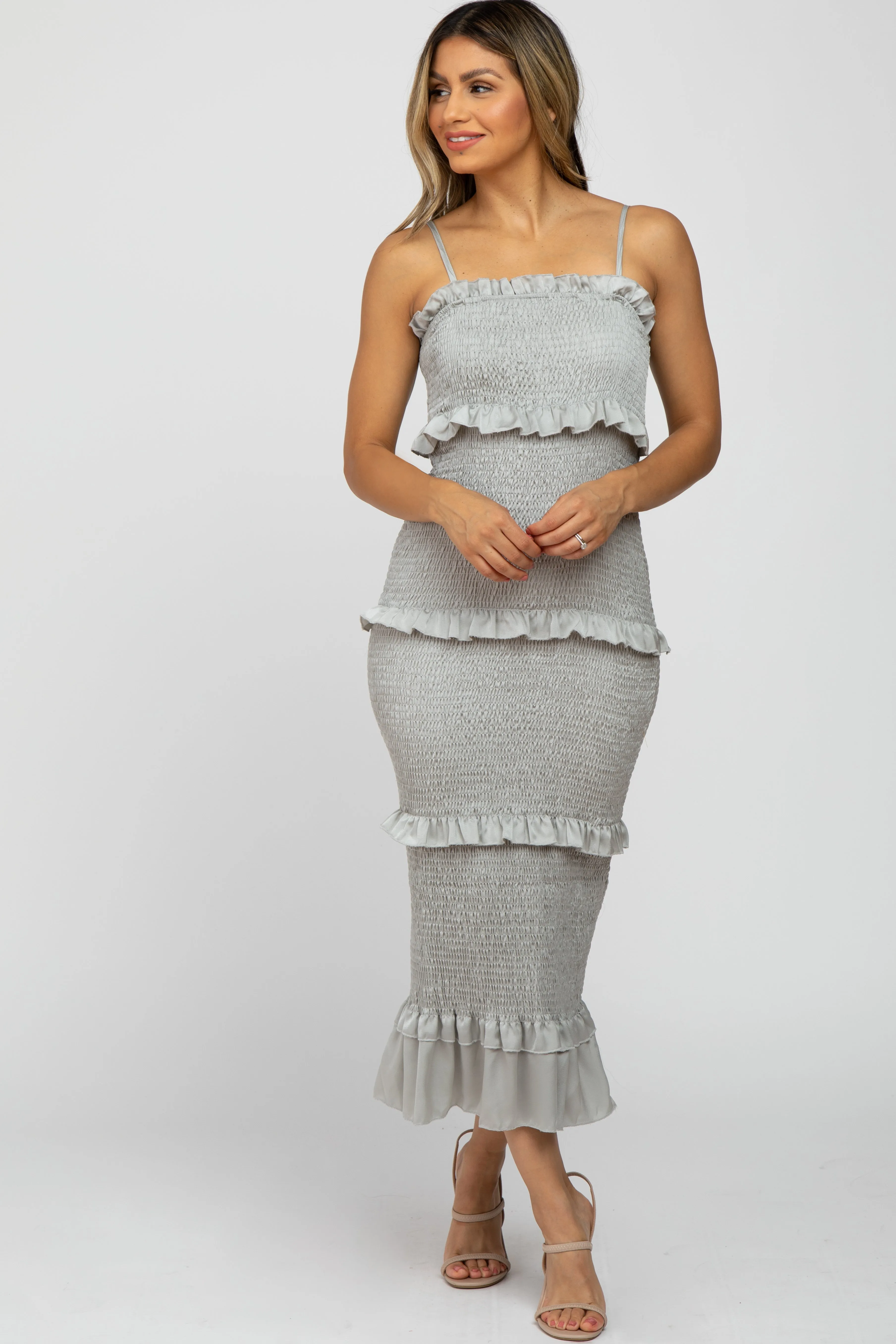 Sage Satin Smocked Fitted Maternity Midi Dress sold by Pinkblush product image thumbnail 4