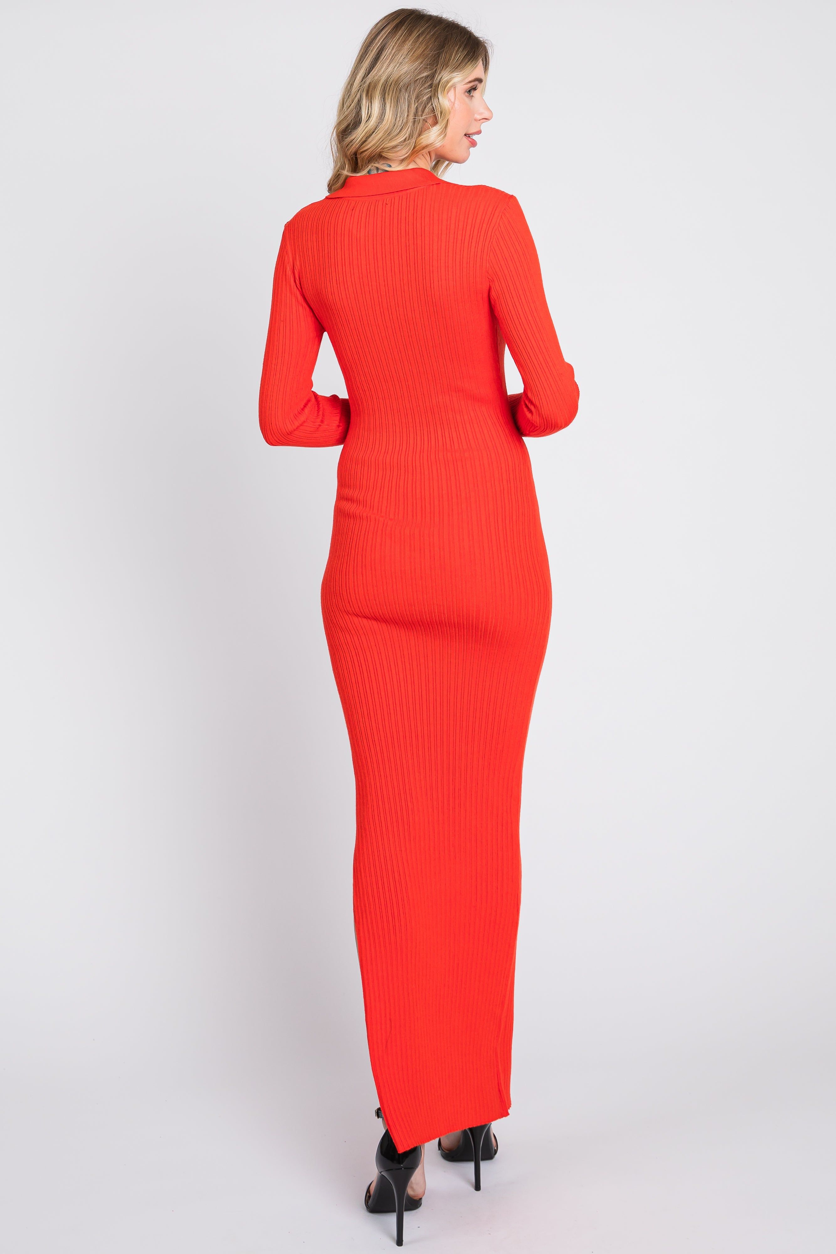 Red Orange Rib Knit Collared Maxi Dress sold by Pinkblush product image thumbnail 4
