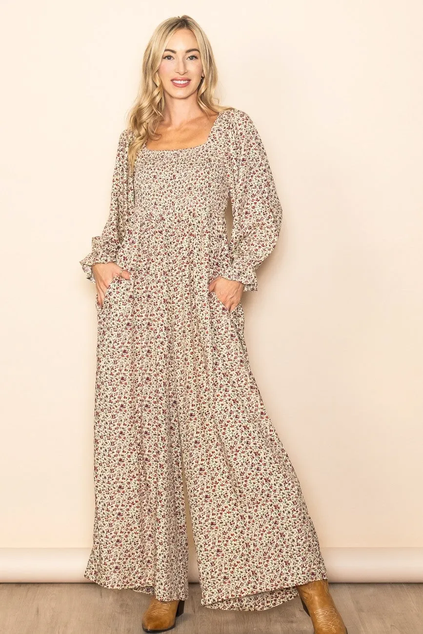 Beige Floral Smocked Wide Leg Maternity Jumpsuit sold by Pinkblush product image thumbnail 4