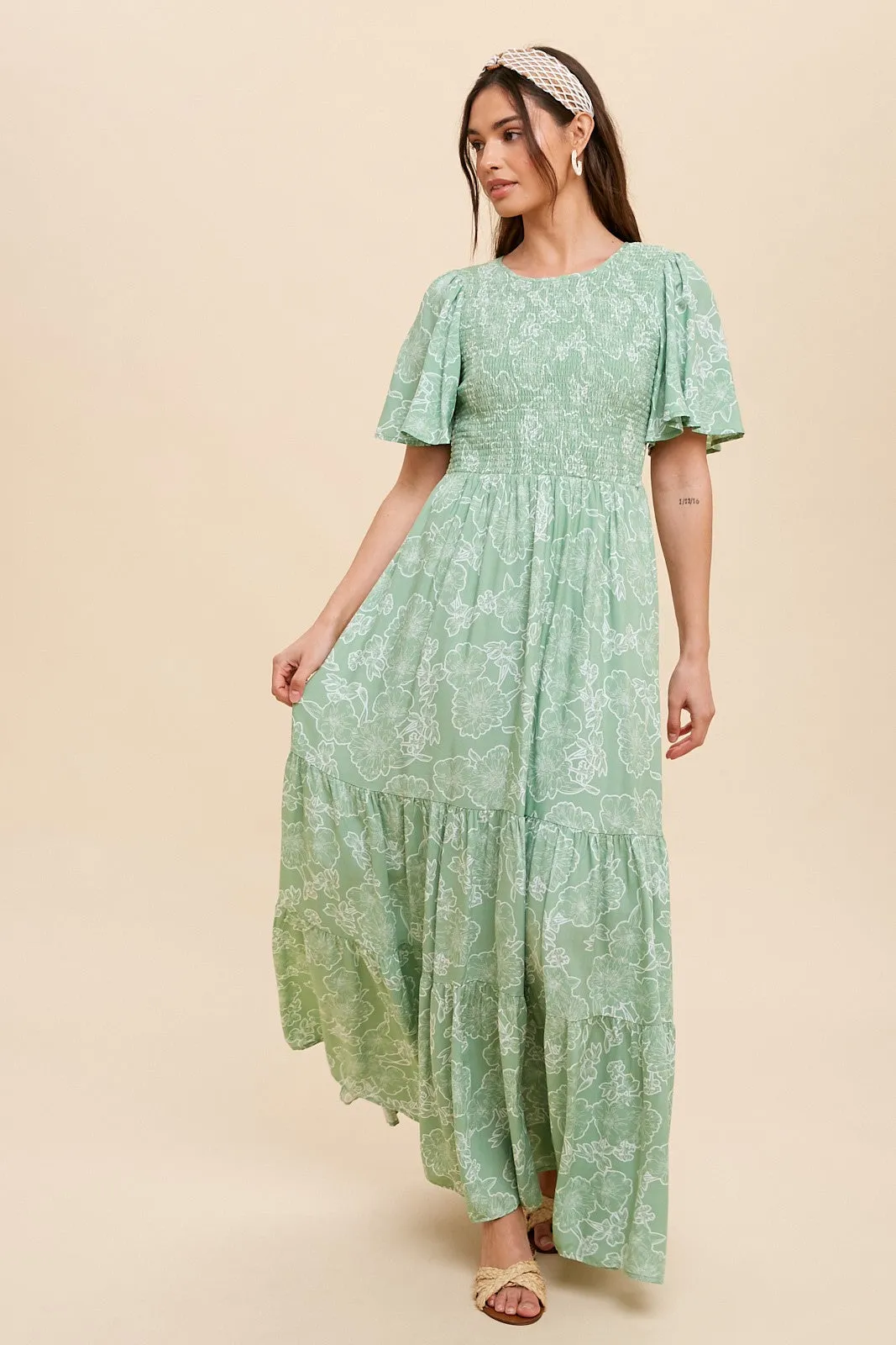 Light Green Floral Flounce Sleeve Maxi Dress sold by Pinkblush product image thumbnail 4