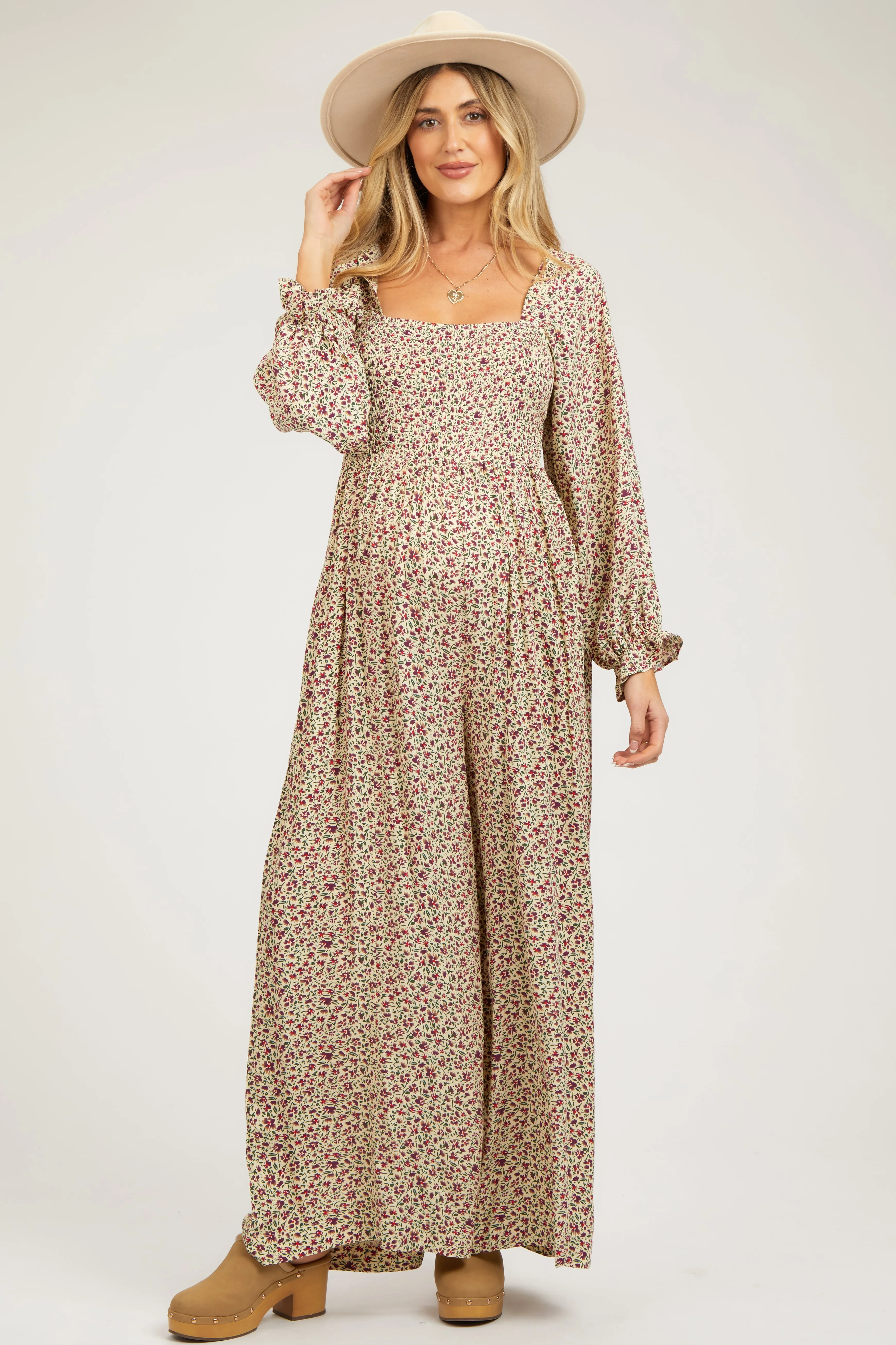 Beige Floral Smocked Wide Leg Maternity Jumpsuit sold by Pinkblush