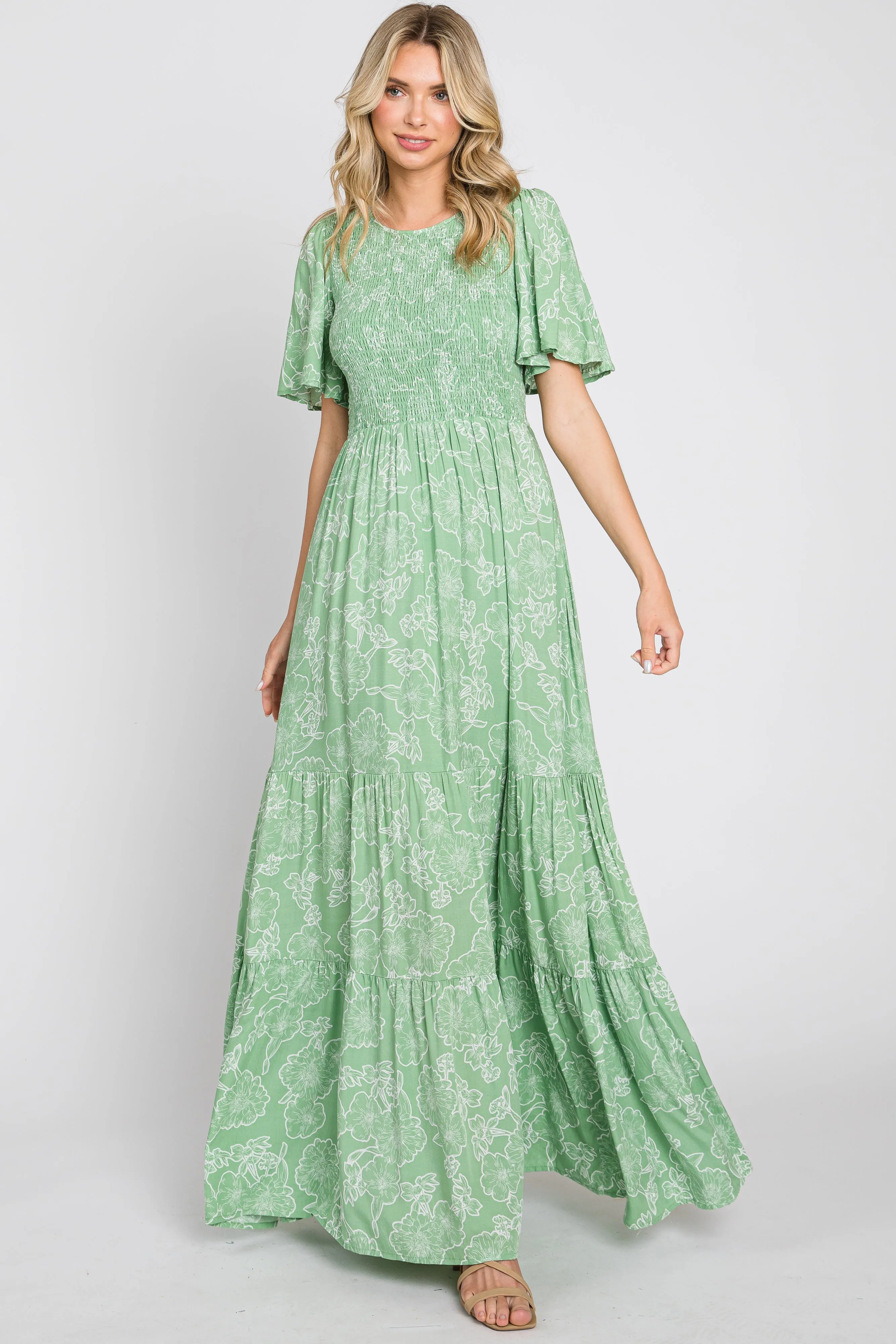 Light Green Floral Flounce Sleeve Maxi Dress sold by Pinkblush