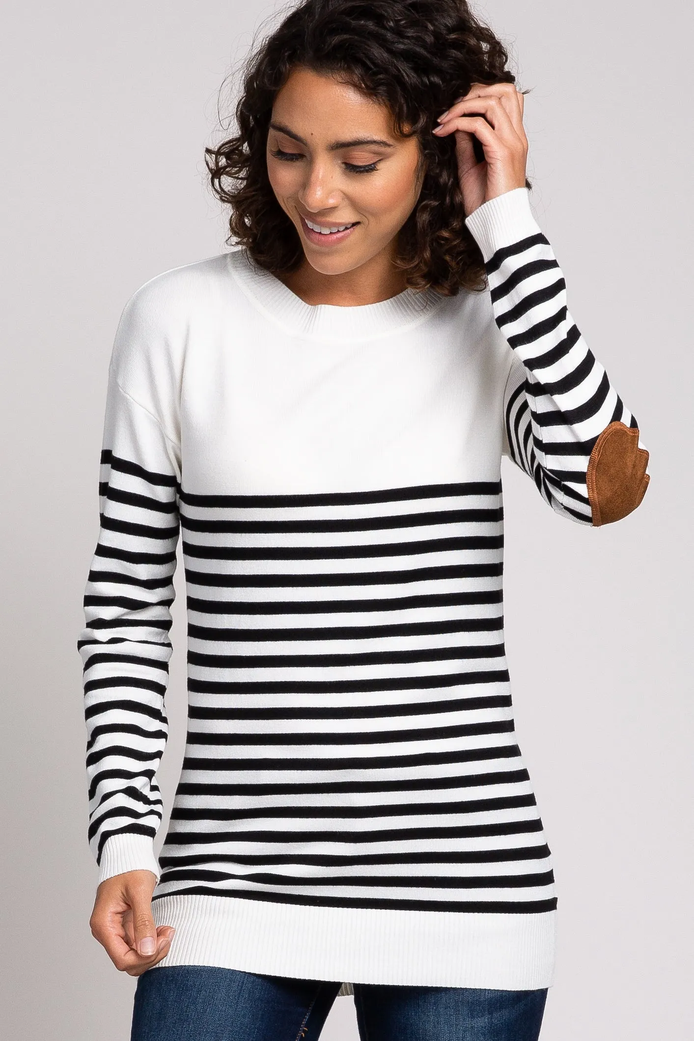 PinkBlush Ivory Striped Elbow Patch Knit Sweater sold by Pinkblush
