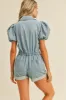 Light Denim Romper With Puff Sleeves sold by Pinkblush