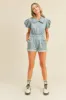 Light Denim Romper With Puff Sleeves sold by Pinkblush