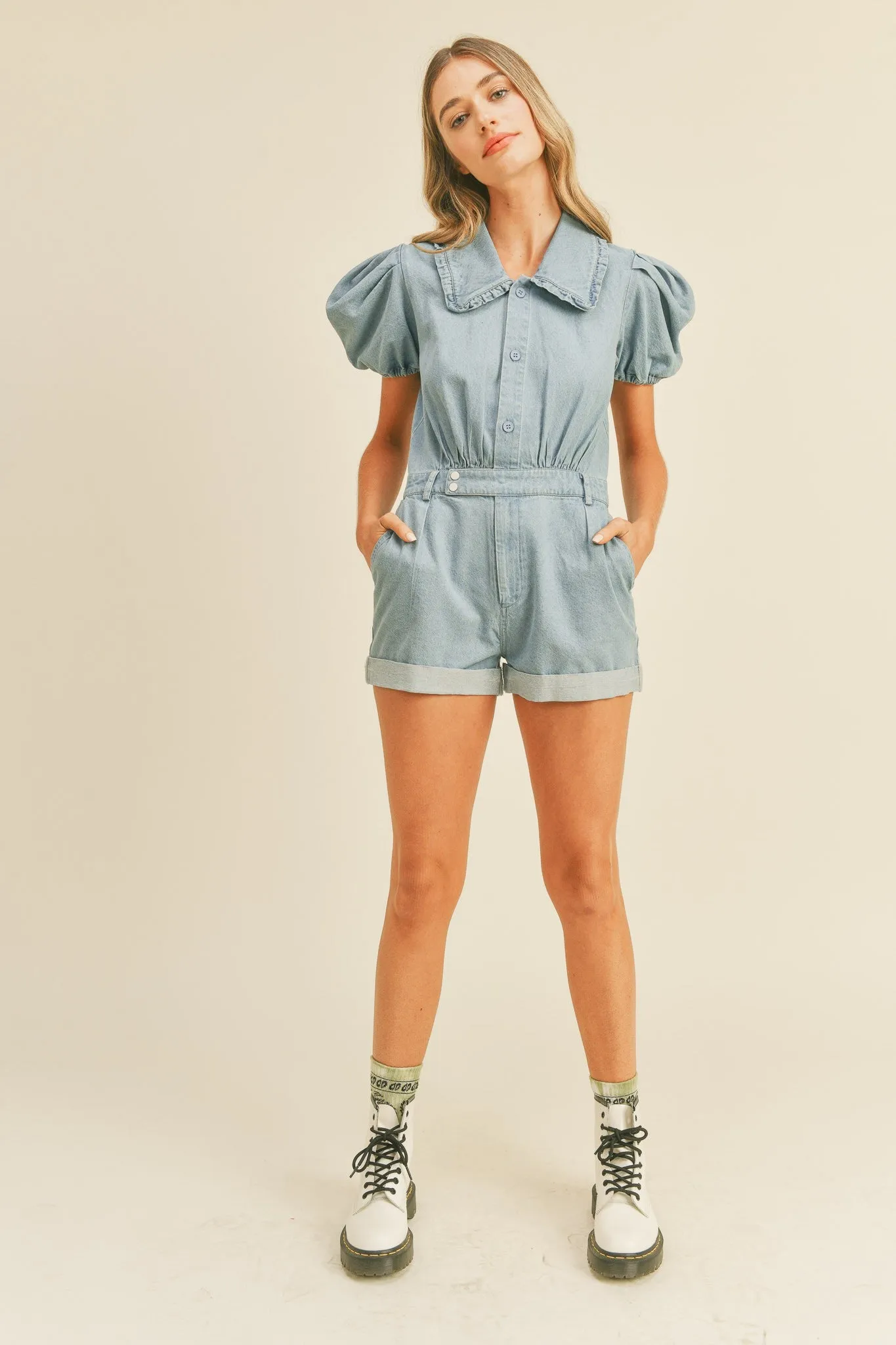 Light Denim Romper With Puff Sleeves sold by Pinkblush