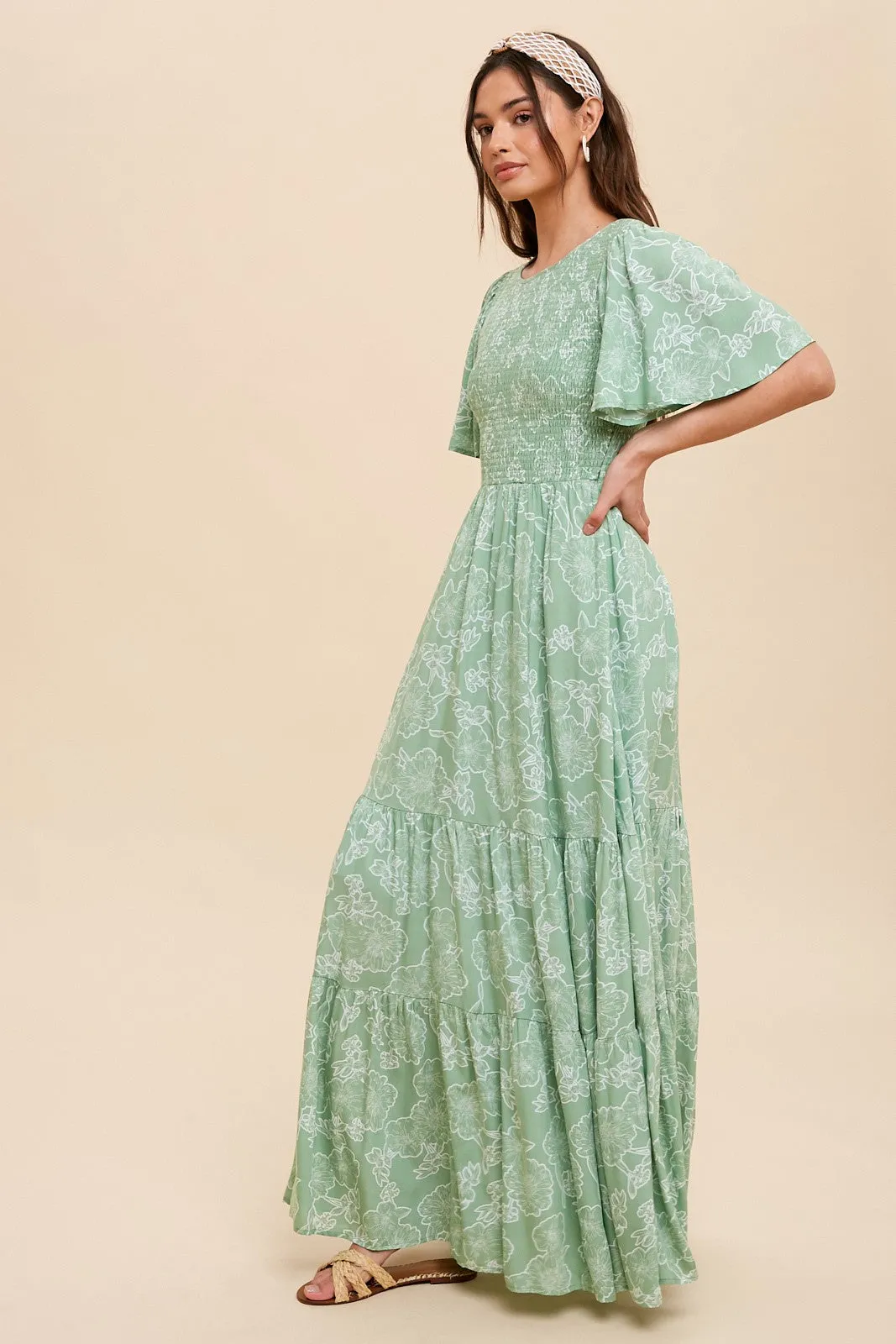 Light Green Floral Flounce Sleeve Maxi Dress sold by Pinkblush product image thumbnail 5