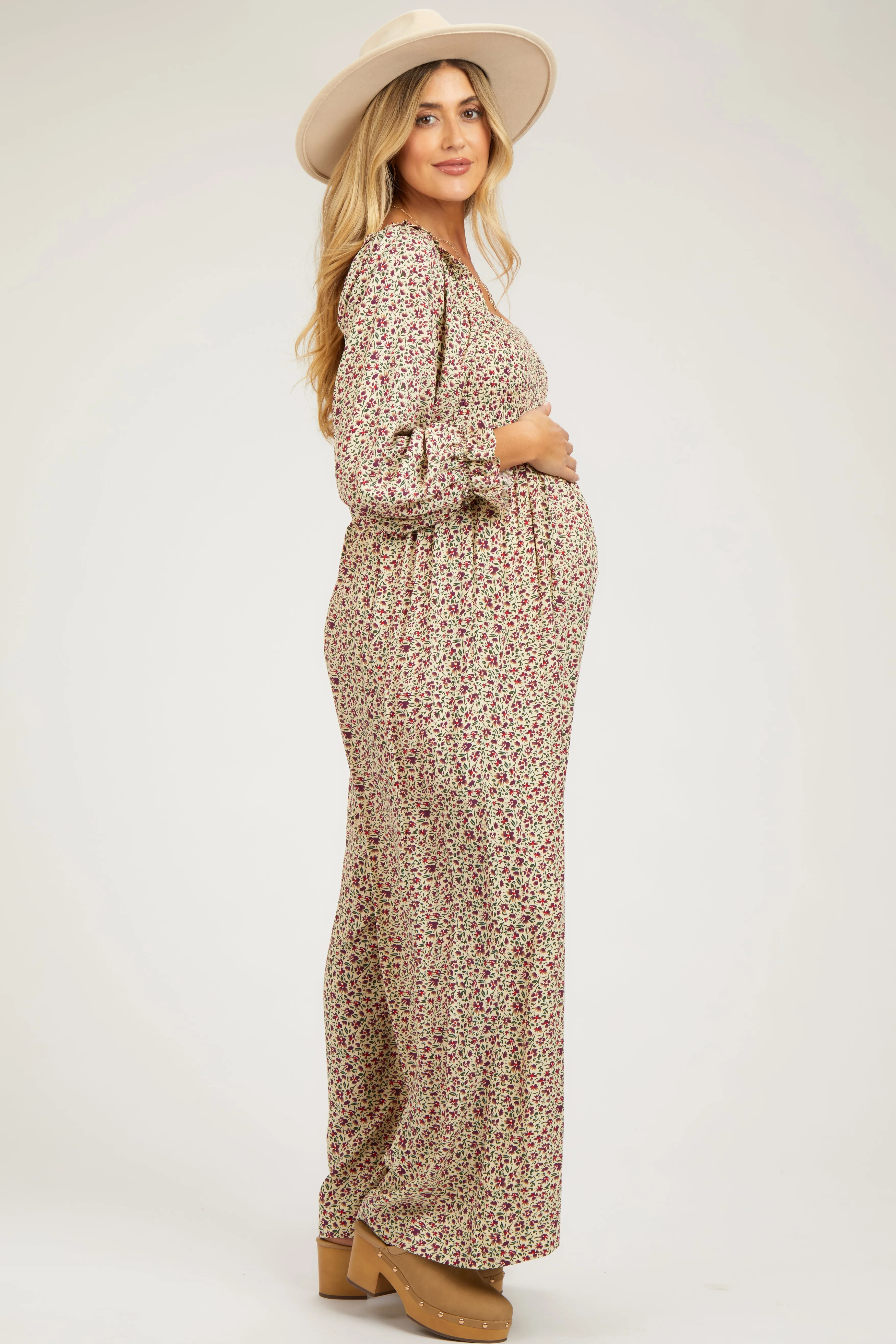 Beige Floral Smocked Wide Leg Maternity Jumpsuit sold by Pinkblush product image thumbnail 2