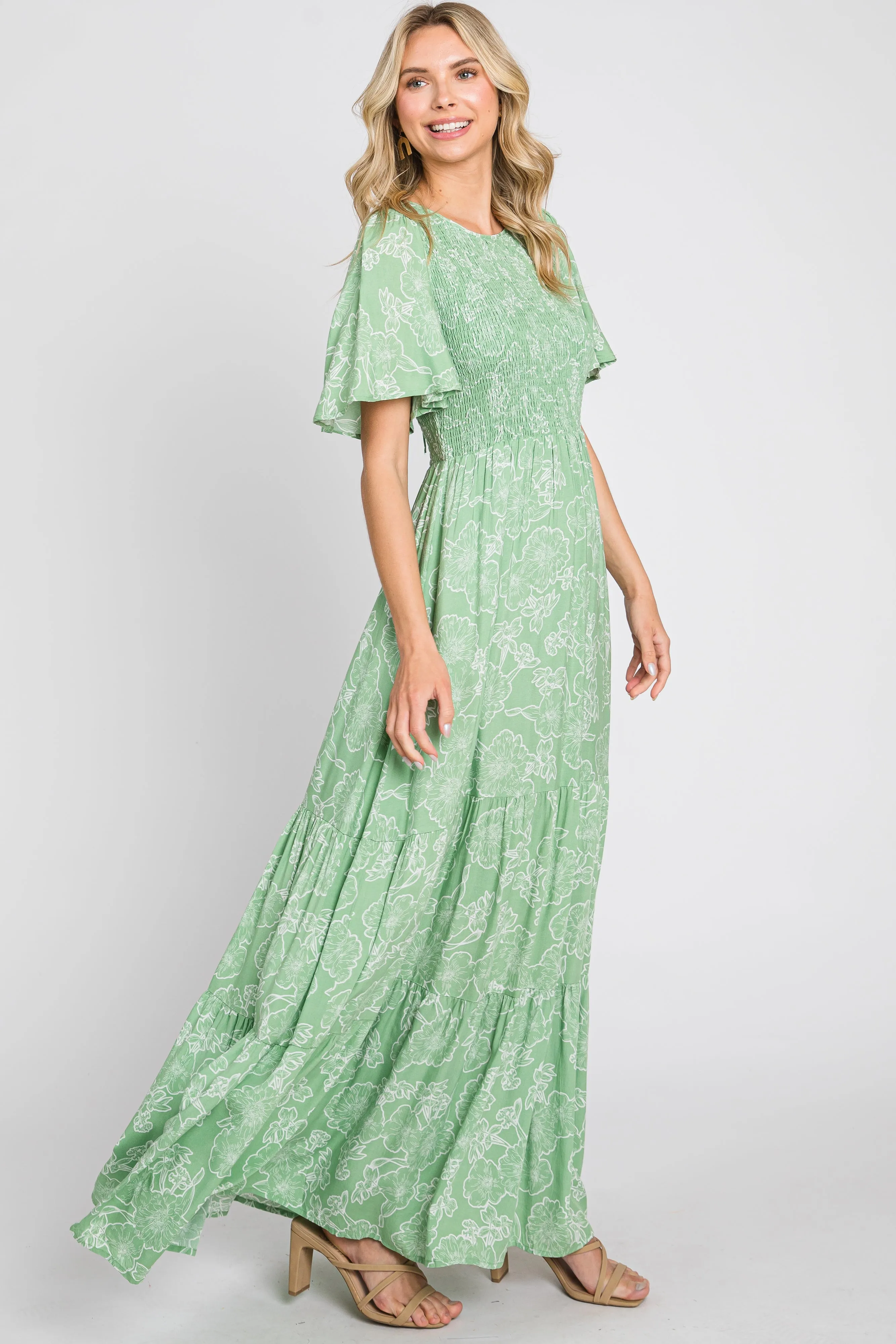Light Green Floral Flounce Sleeve Maxi Dress sold by Pinkblush product image thumbnail 2