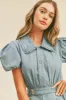 Light Denim Romper With Puff Sleeves sold by Pinkblush
