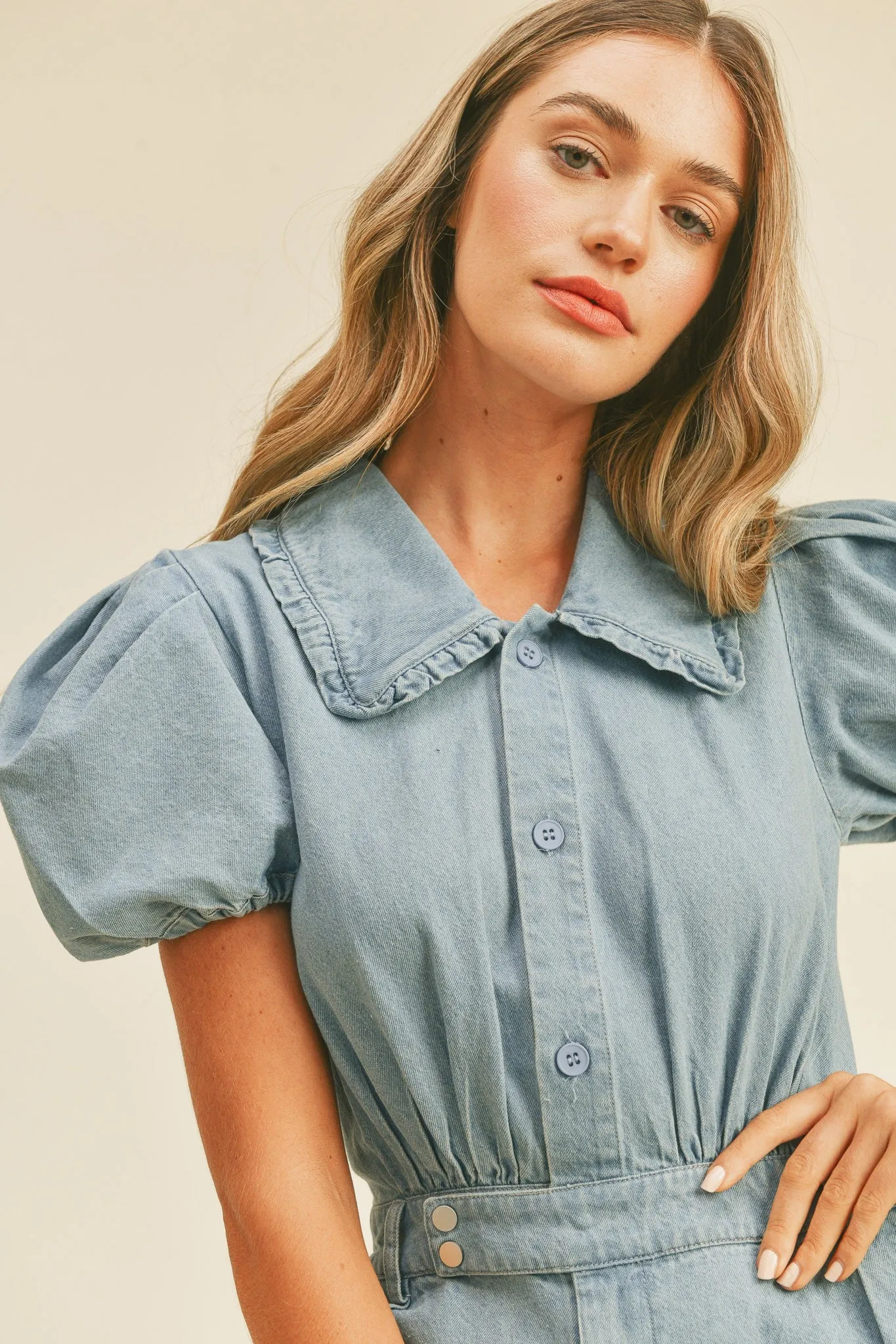 Light Denim Romper With Puff Sleeves sold by Pinkblush product image thumbnail 5