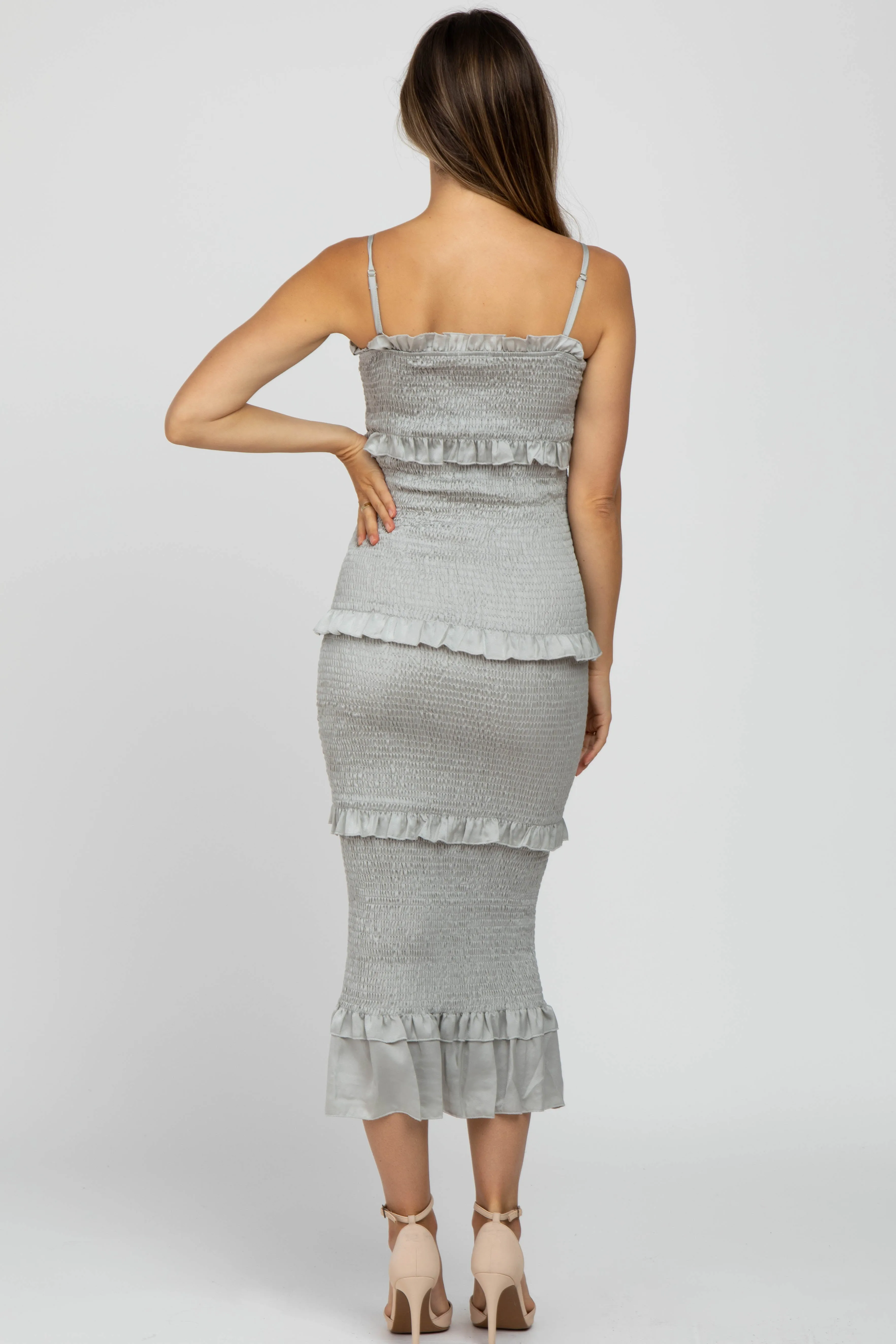 Sage Satin Smocked Fitted Maternity Midi Dress sold by Pinkblush product image thumbnail 3