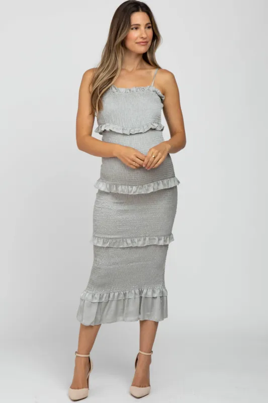 Sage Satin Smocked Fitted Maternity Midi Dress sold by Pinkblush