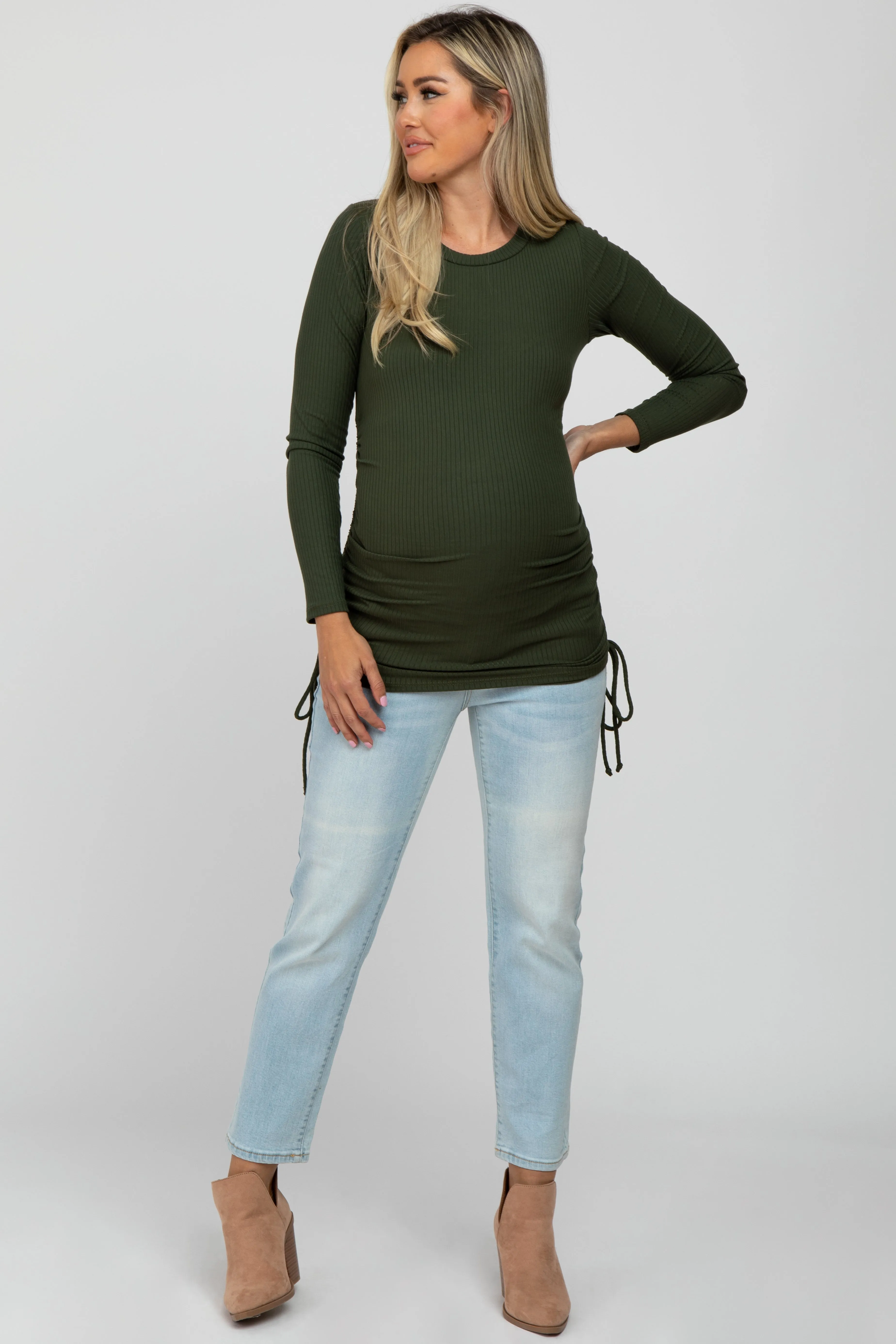 Olive Ribbed Ruched Tie Maternity Top sold by Pinkblush product image thumbnail 2