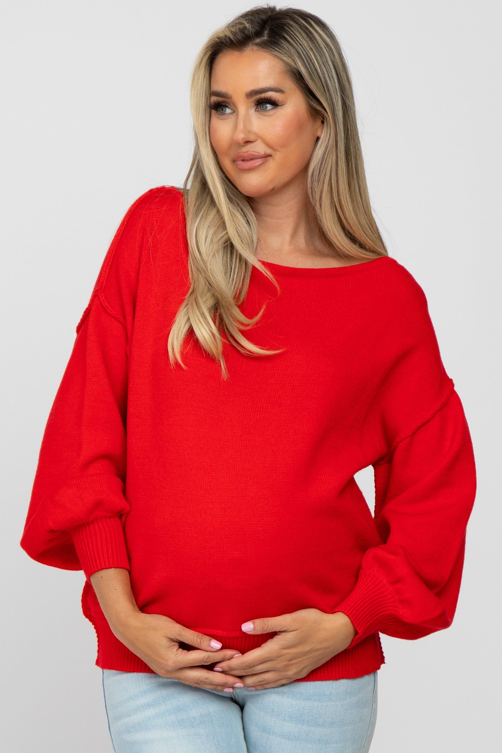 Red Boat Neck Bubble Sleeve Maternity Sweater sold by Pinkblush