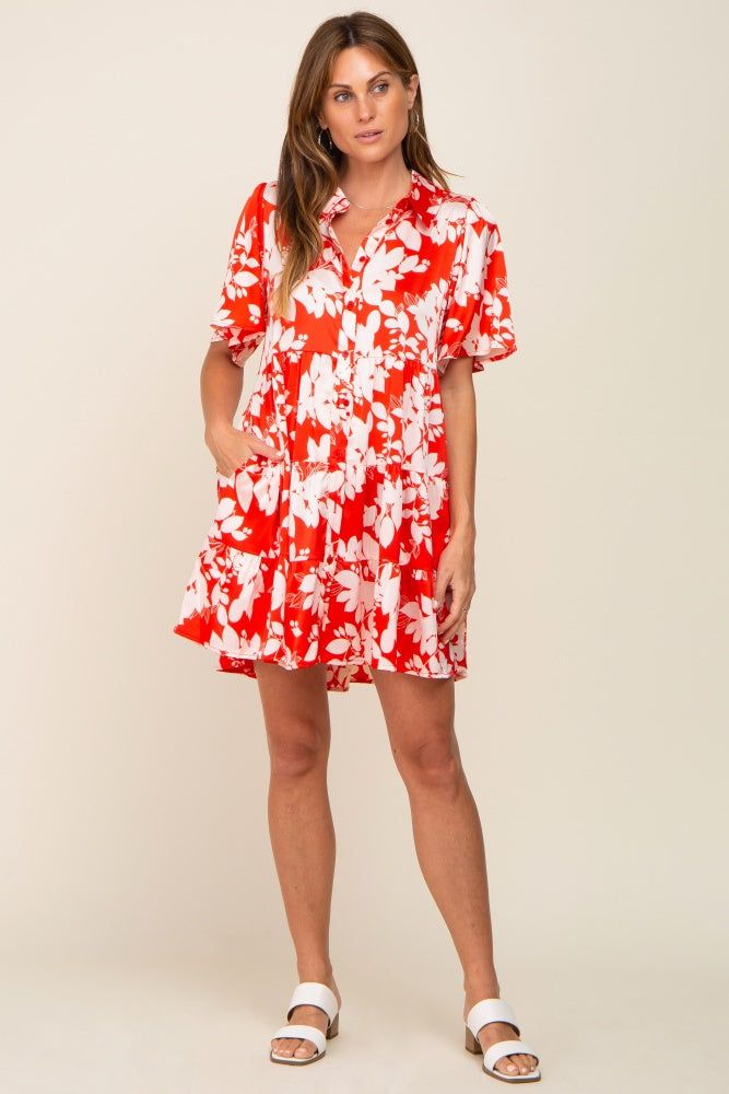Red Floral Collared Tiered Dress sold by Pinkblush product image thumbnail 4