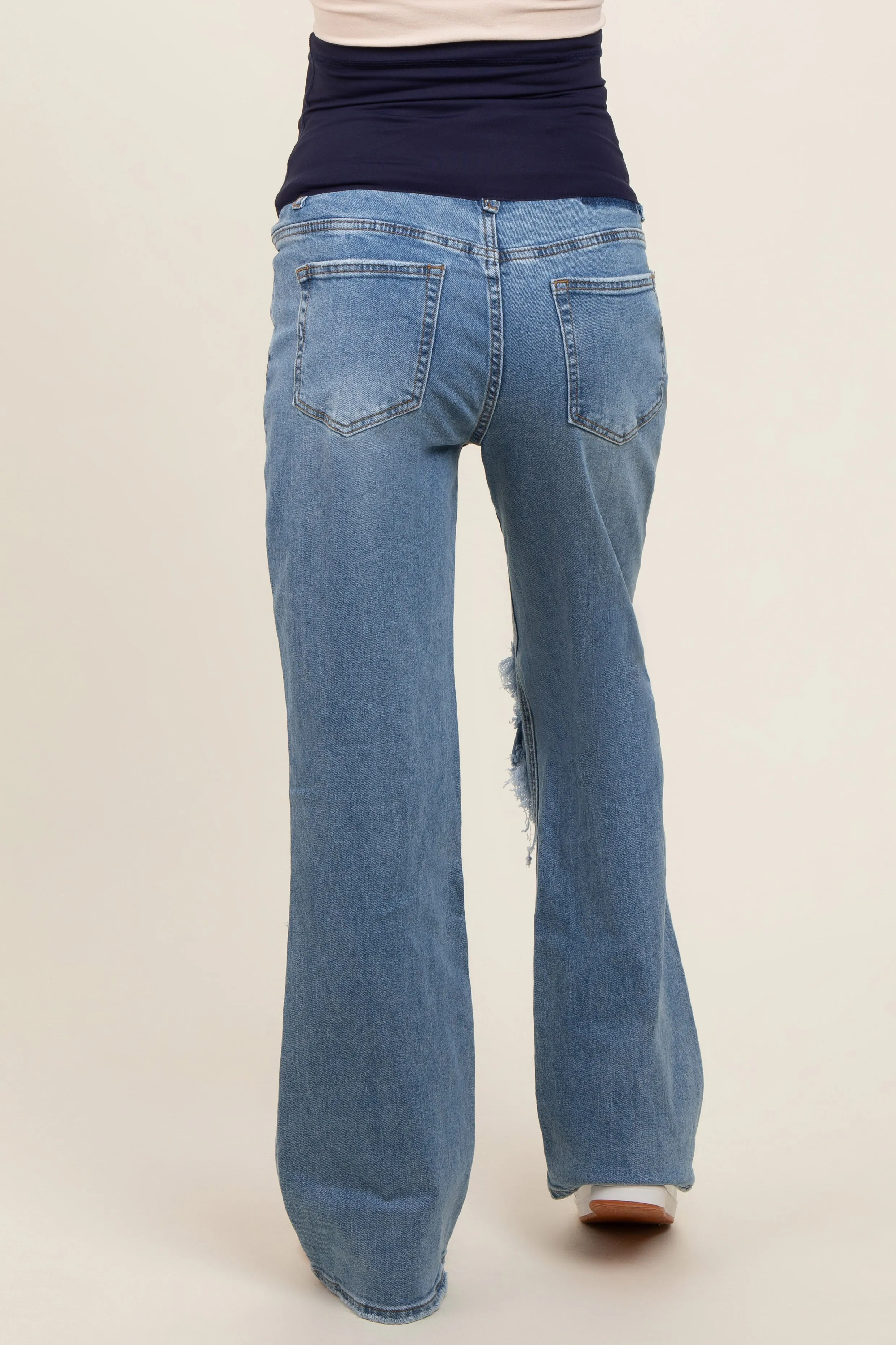 Blue Distressed Open Knee Maternity Wide Leg Jeans sold by Pinkblush product image thumbnail 4