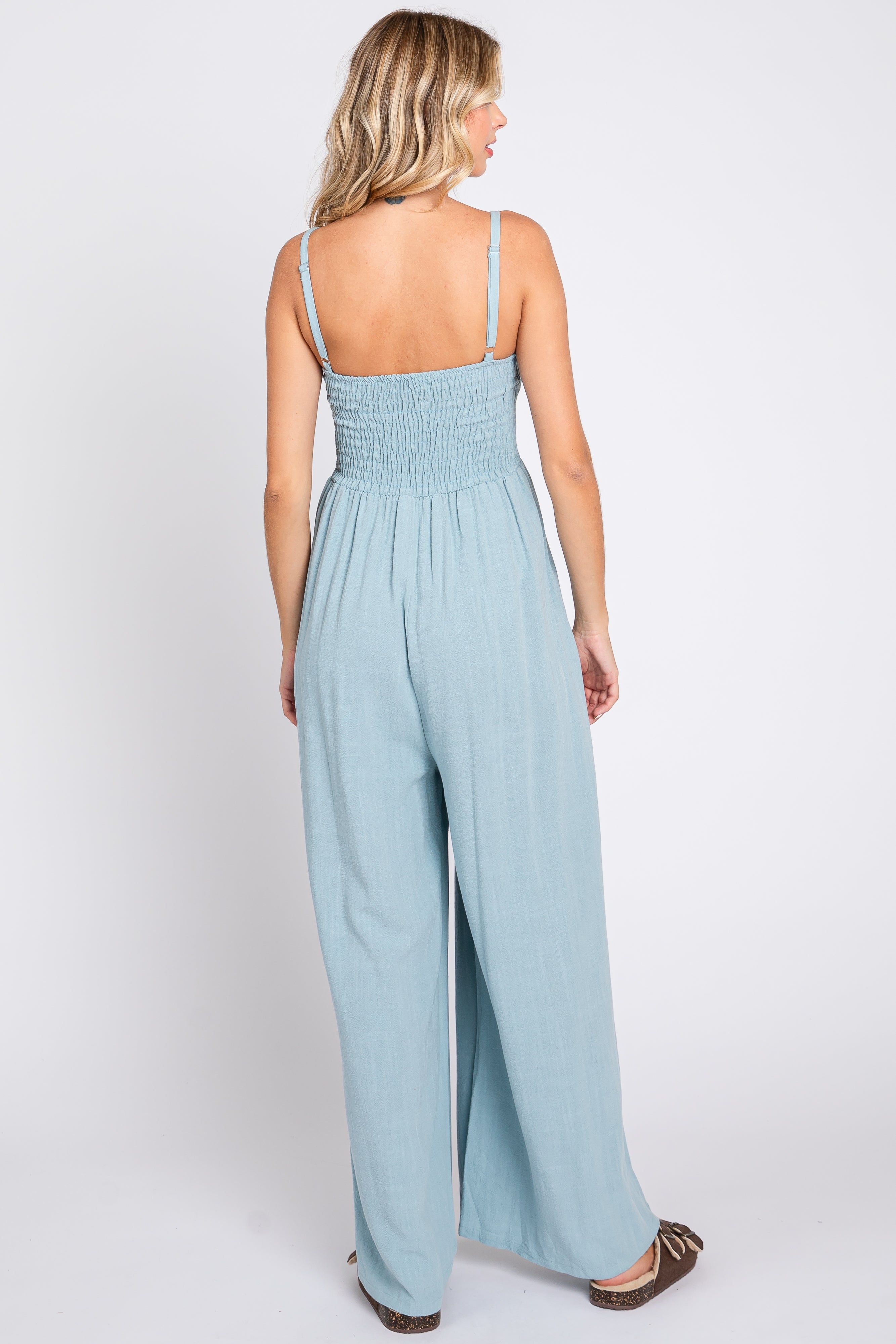 Light Blue Smocked Linen Wide Leg Jumpsuit sold by Pinkblush product image thumbnail 3