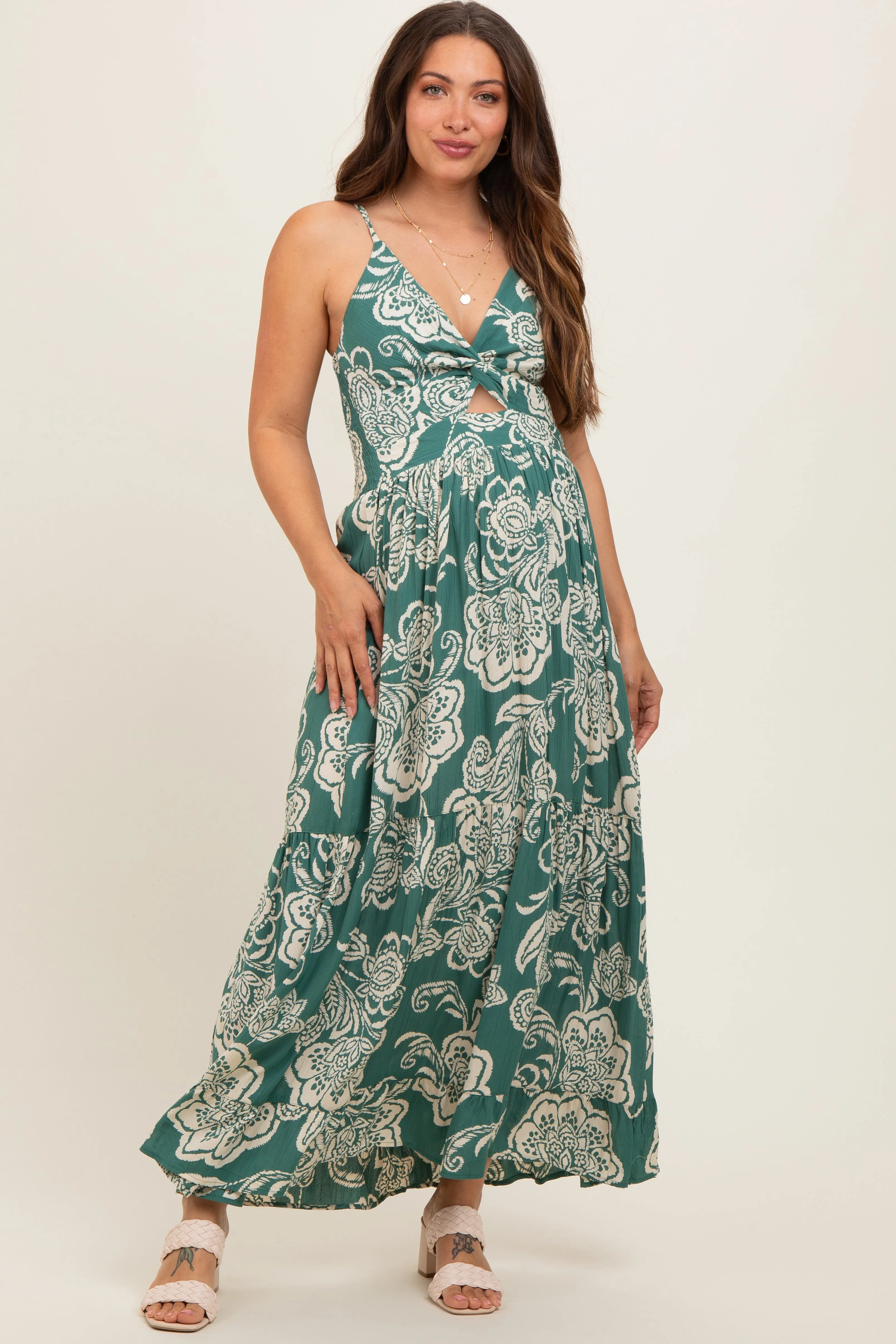 Green Floral Front Knot Twist Maternity Maxi Dress sold by Pinkblush