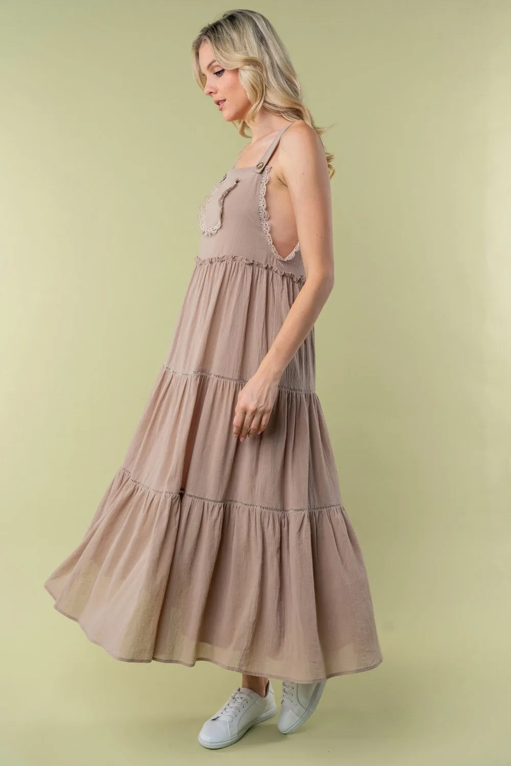 Taupe Front Pocket Tiered Overall Midi Dress sold by Pinkblush product image thumbnail 2