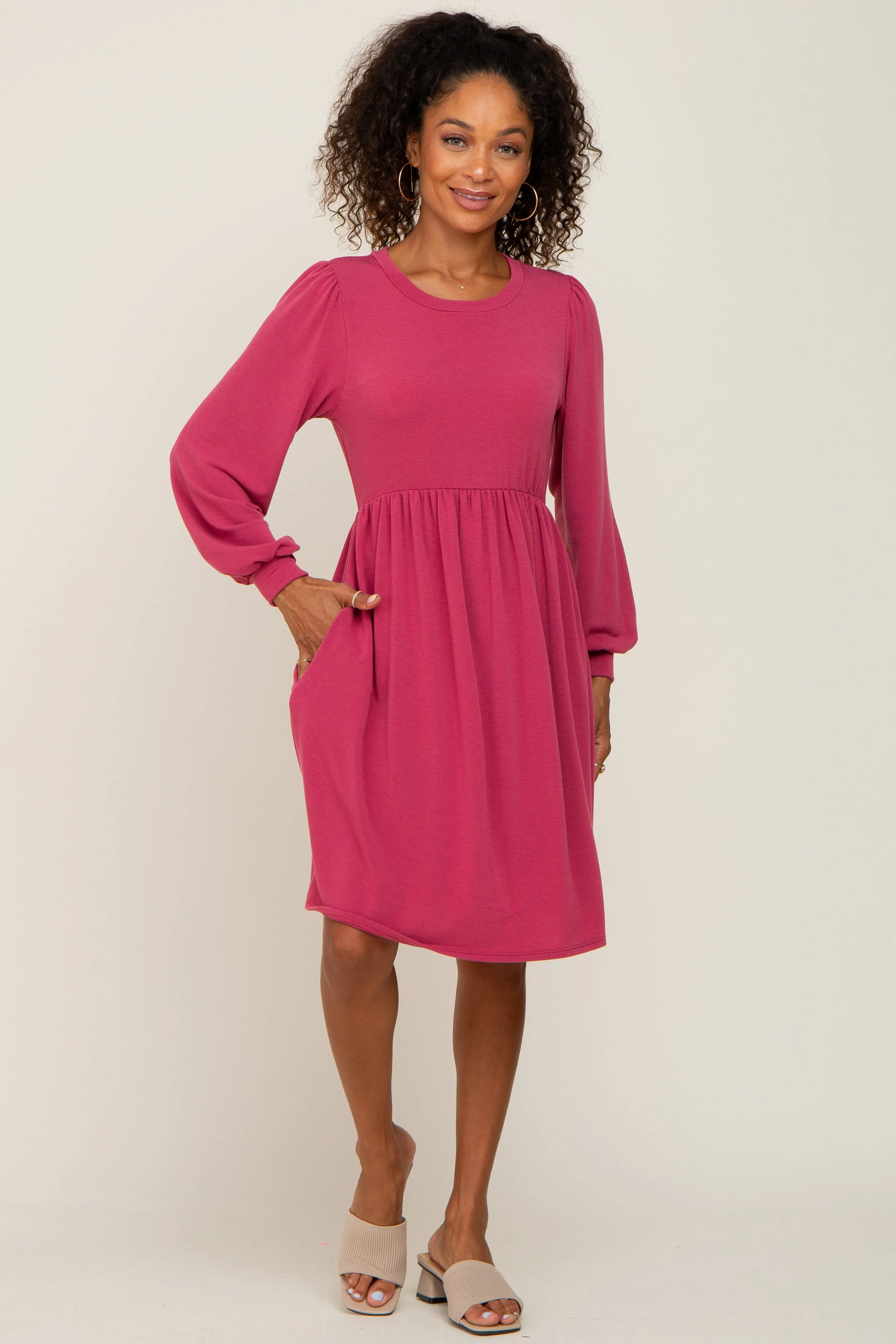 Magenta Terry Knit Long Sleeve Dress sold by Pinkblush