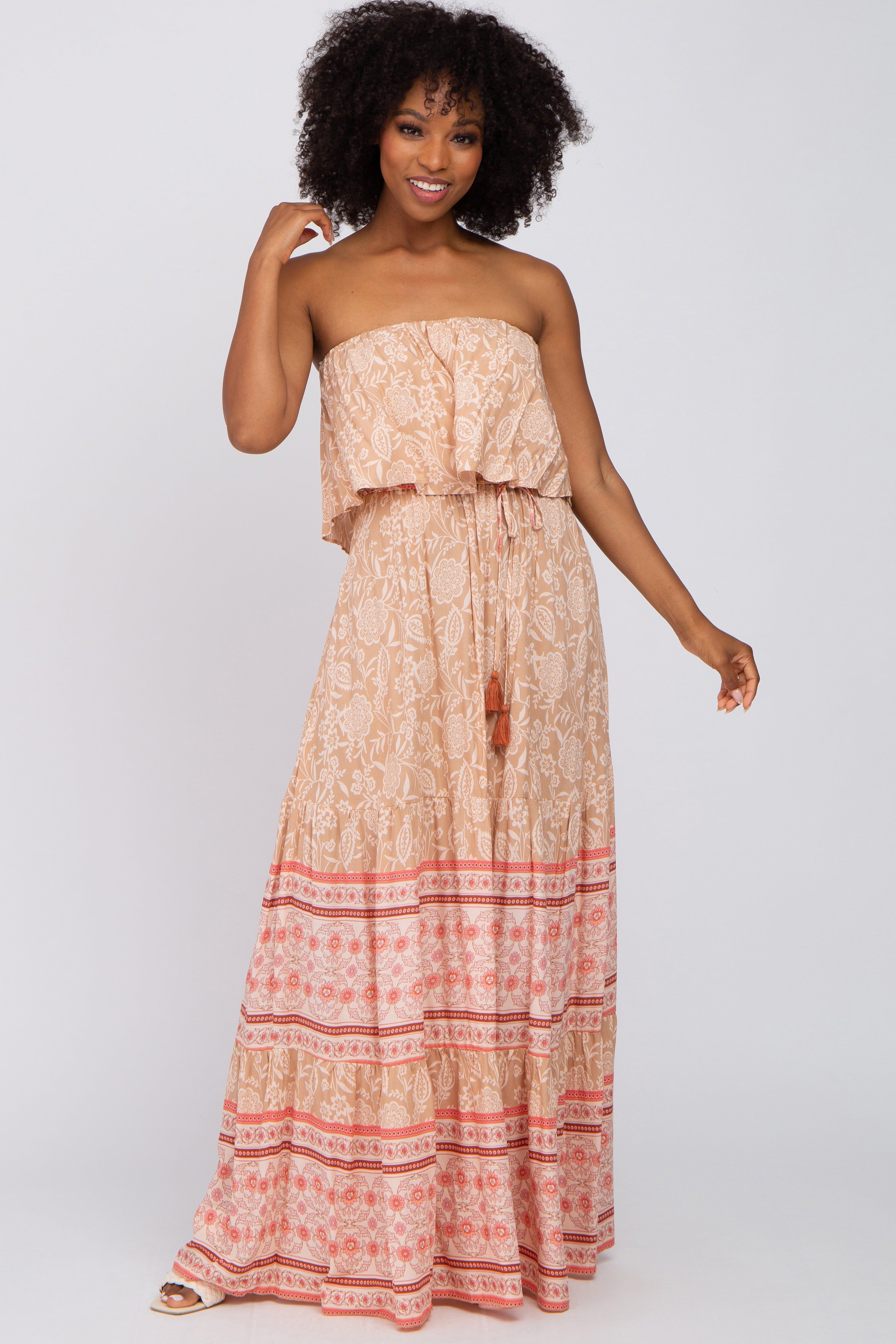 Peach Floral Ruffle Layered Strapless Maxi Dress sold by Pinkblush