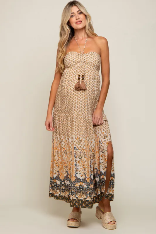 Beige Floral Paisley Halter Maternity Maxi Dress sold by Pinkblush