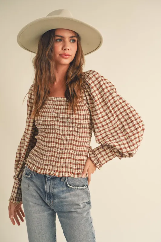 Ginger Check Gingham Square Neck Smocking Top sold by Pinkblush