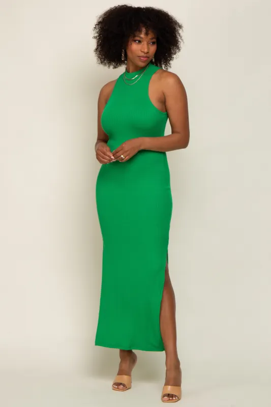 Green Ribbed Side Slit Maxi Dress sold by Pinkblush