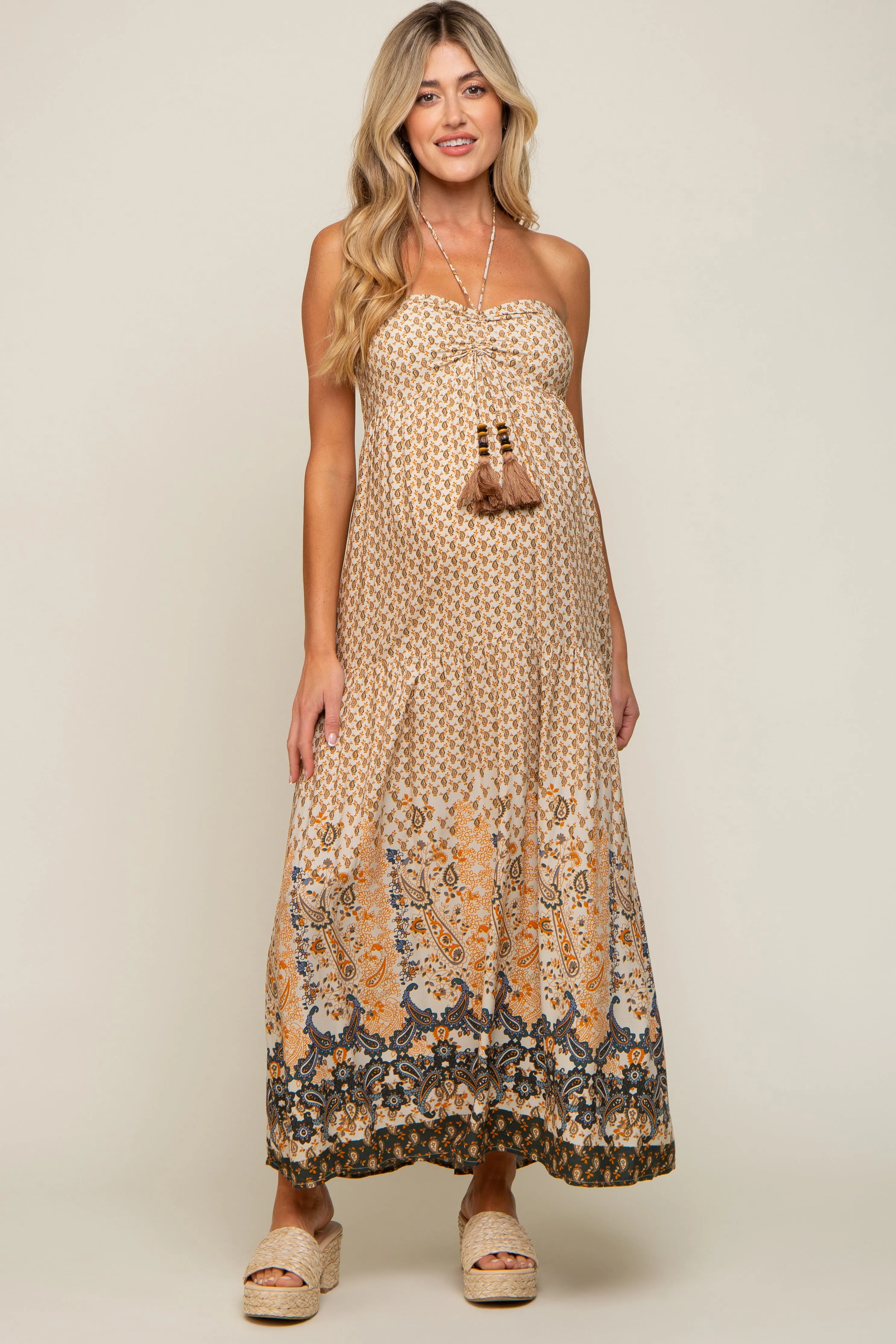 Beige Floral Paisley Halter Maternity Maxi Dress sold by Pinkblush product image thumbnail 5