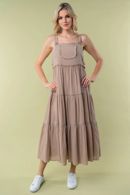 Taupe Front Pocket Tiered Overall Midi Dress sold by Pinkblush