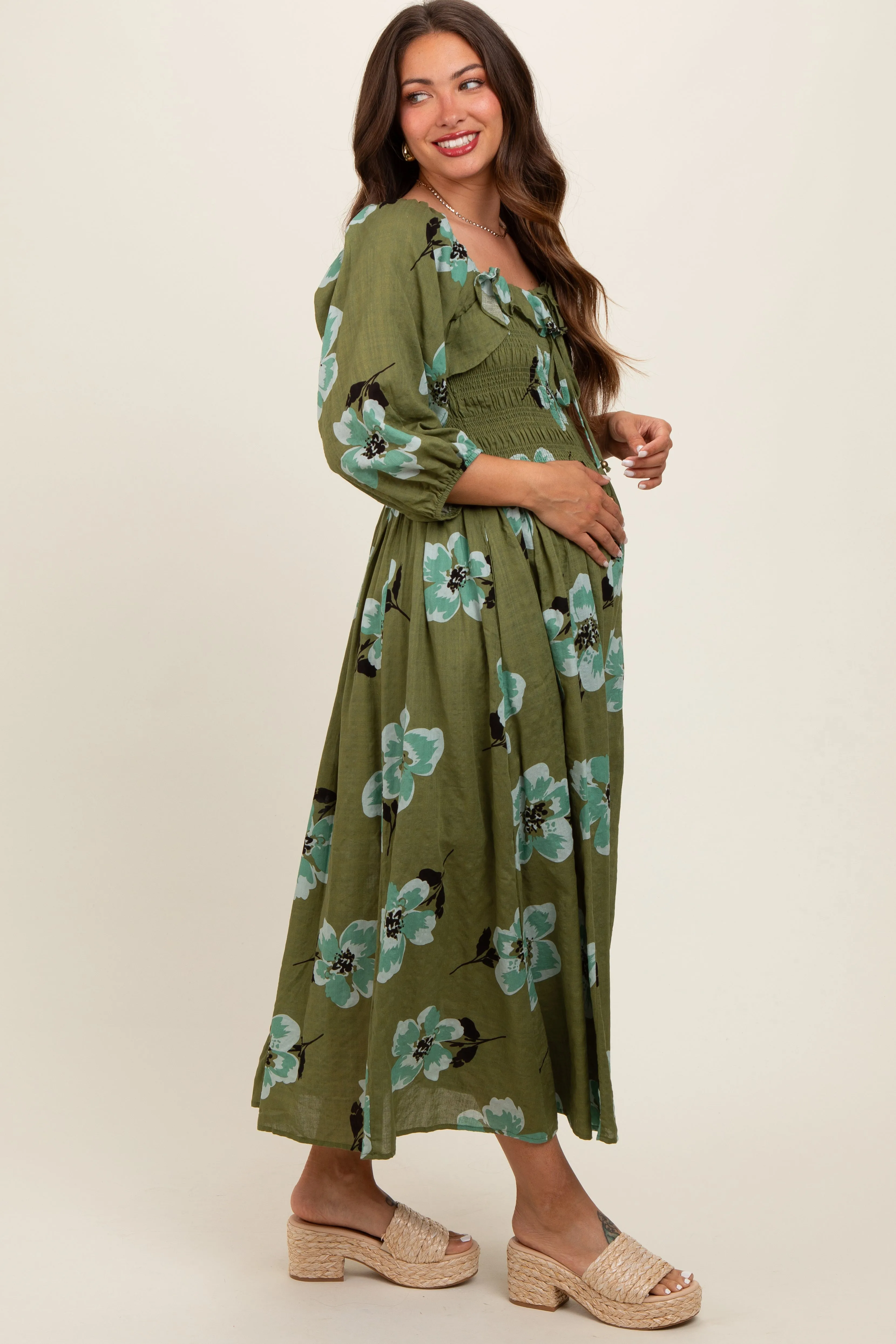 Olive Floral Smocked Maternity Midi Dress sold by Pinkblush product image thumbnail 3