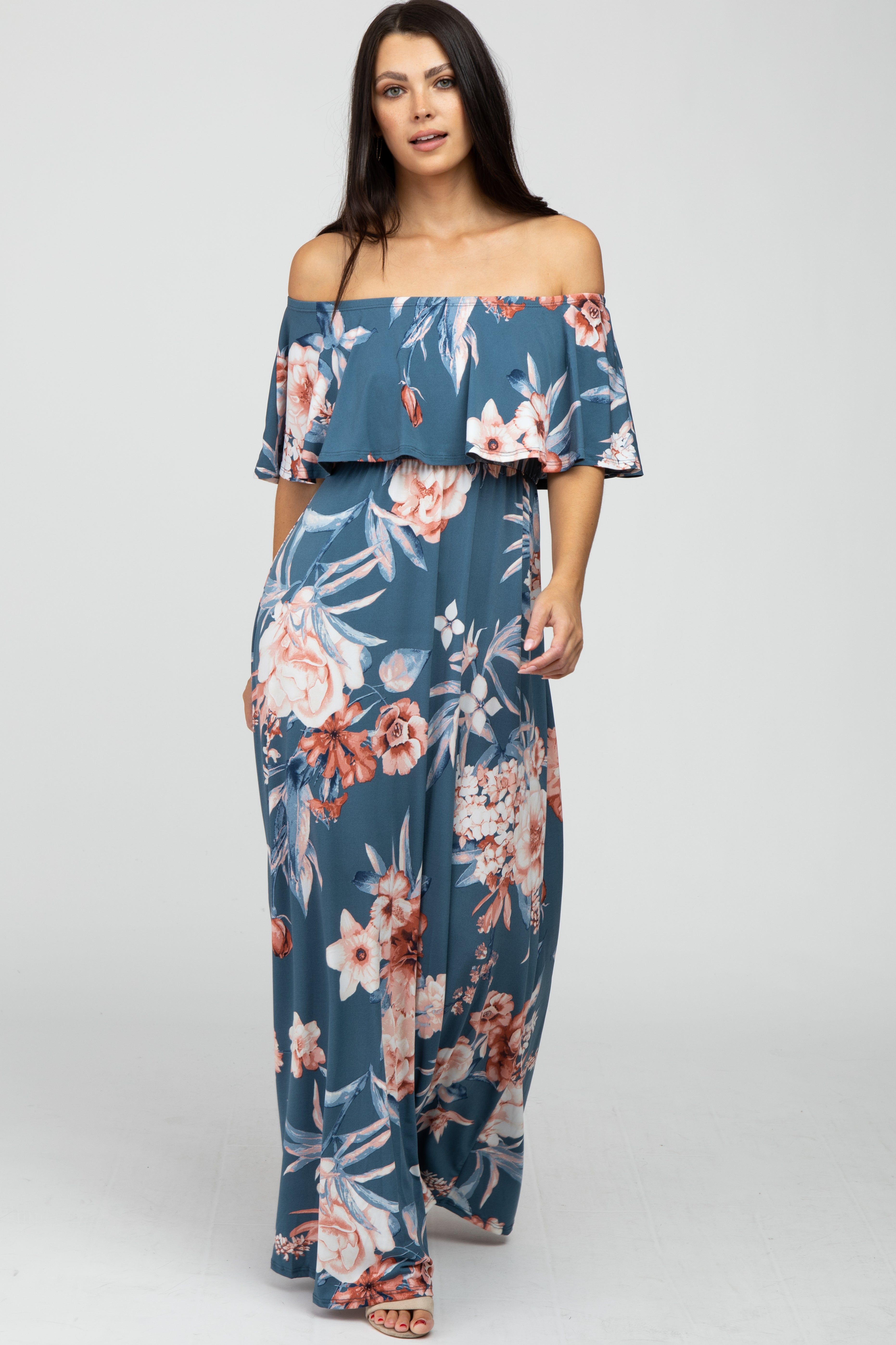Blue Floral Off Shoulder Maternity Maxi Dress sold by Pinkblush product image thumbnail 4
