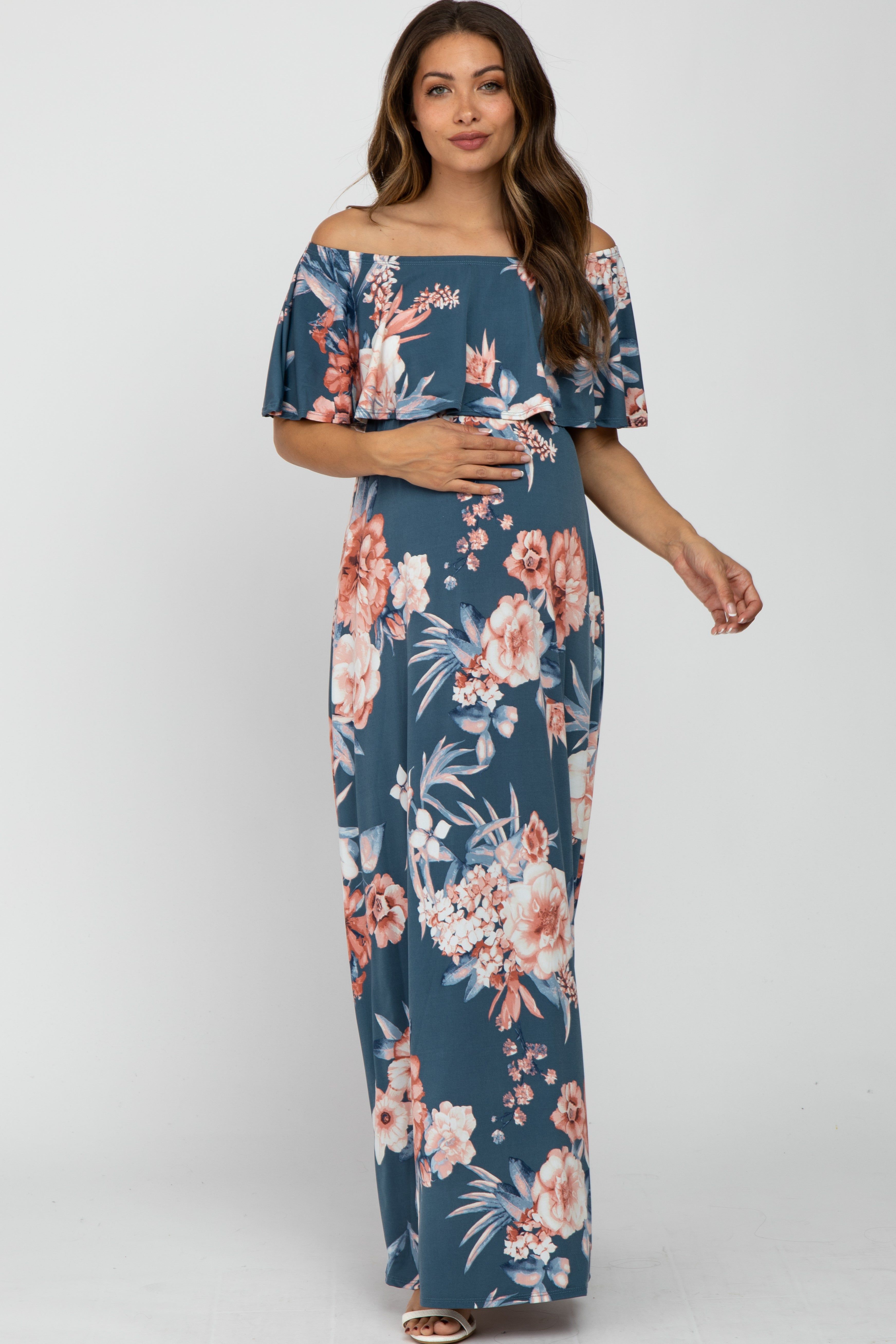 Blue Floral Off Shoulder Maternity Maxi Dress sold by Pinkblush