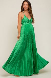 Green Satin Pleated Cutout Maternity Gown sold by Pinkblush