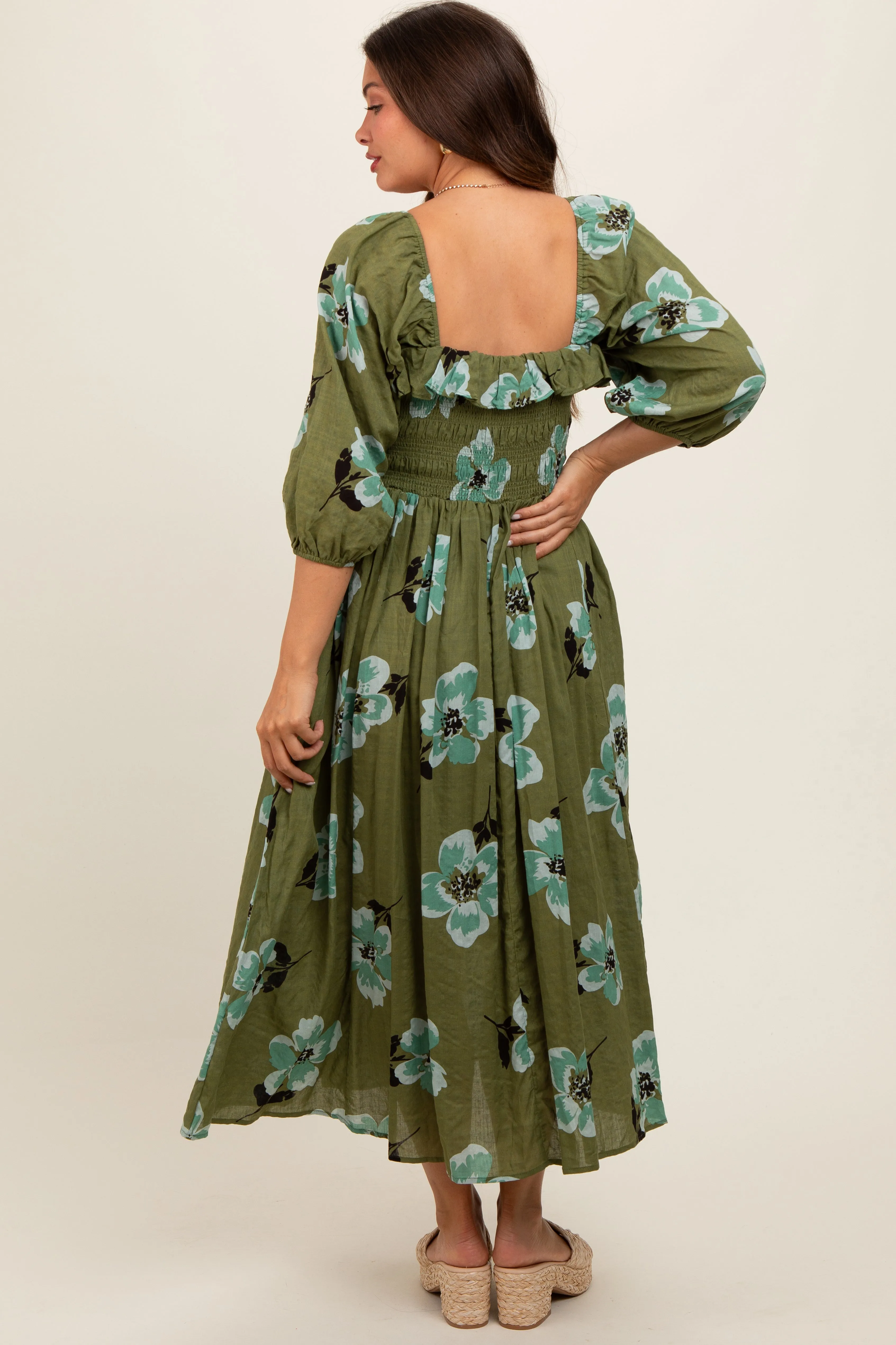 Olive Floral Smocked Maternity Midi Dress sold by Pinkblush product image thumbnail 4