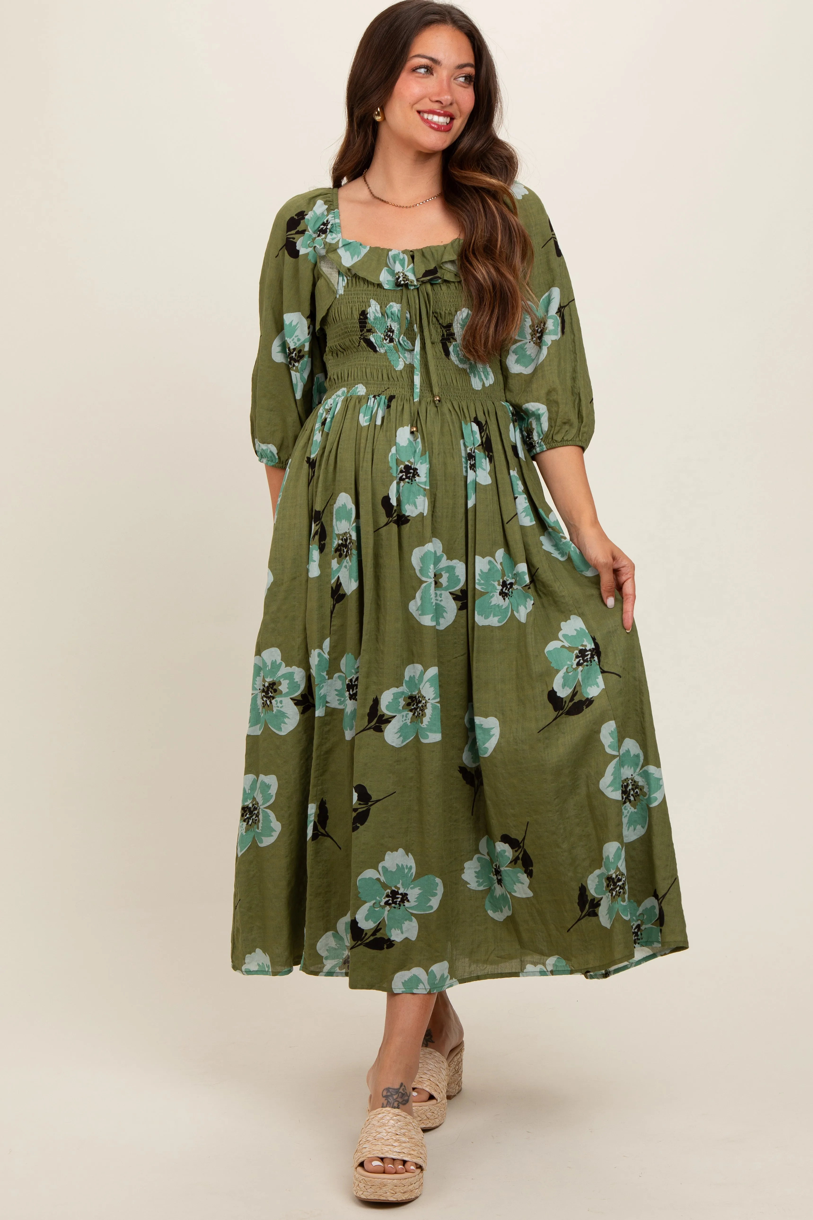 Olive Floral Smocked Maternity Midi Dress sold by Pinkblush