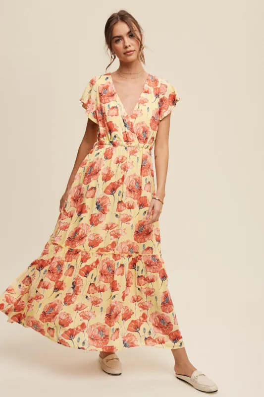 Light Yellow Floral Print V-Neck Maxi Dress sold by Pinkblush