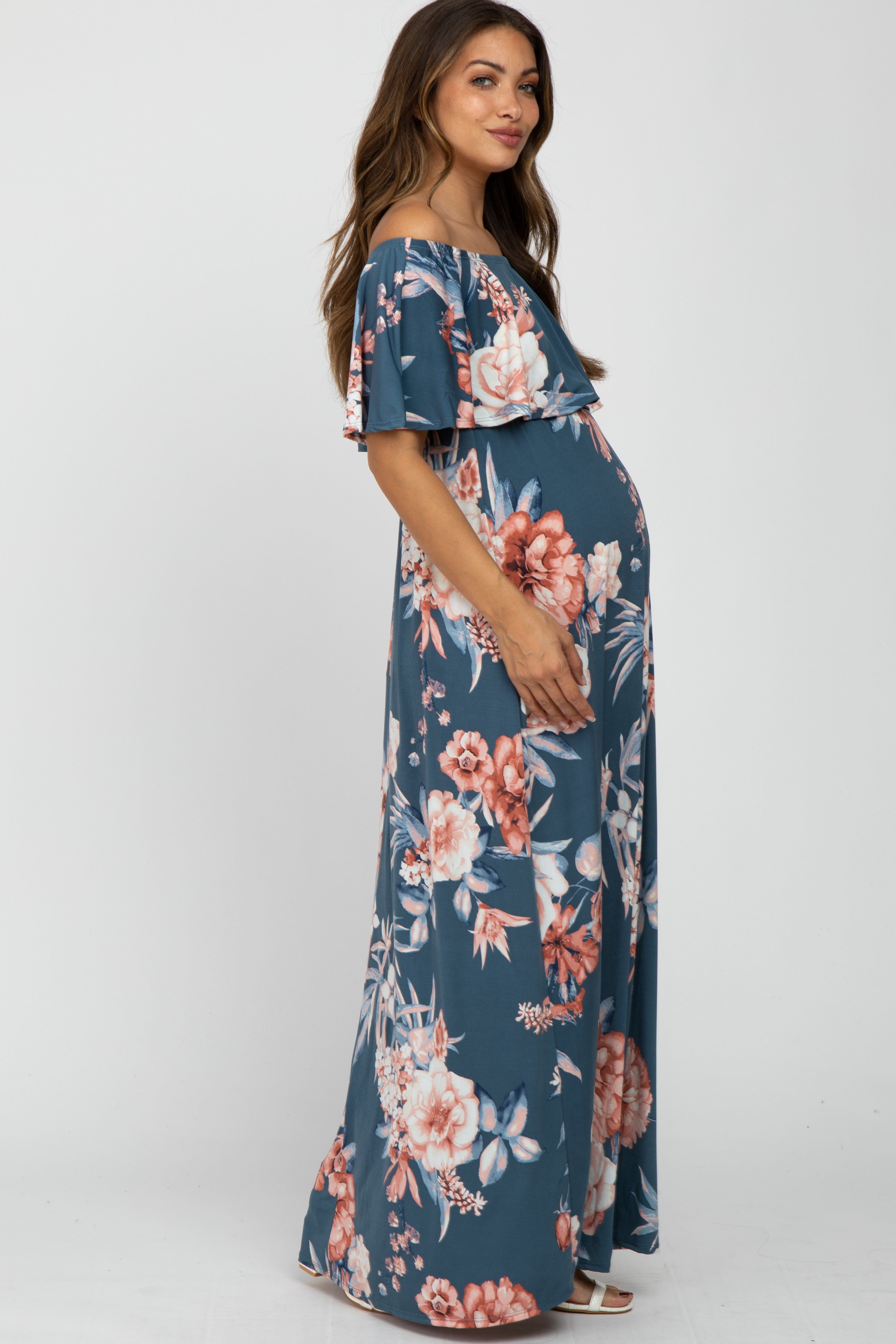 Blue Floral Off Shoulder Maternity Maxi Dress sold by Pinkblush product image thumbnail 2