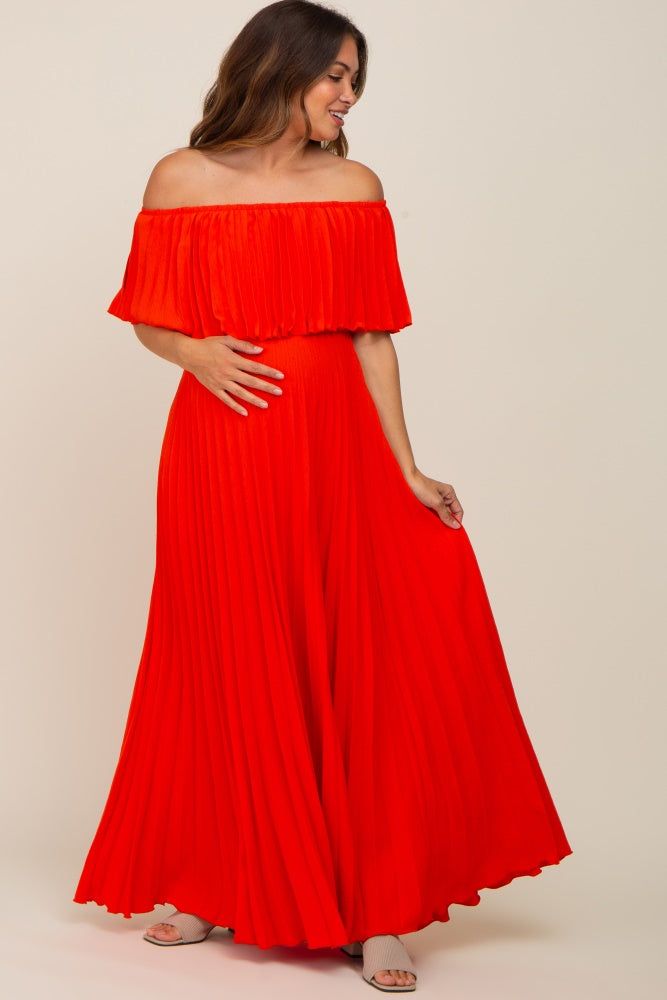Orange Pleated Off Shoulder Maternity Maxi Dress sold by Pinkblush product image thumbnail 4