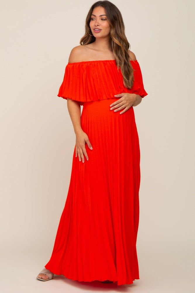 Orange Pleated Off Shoulder Maternity Maxi Dress sold by Pinkblush