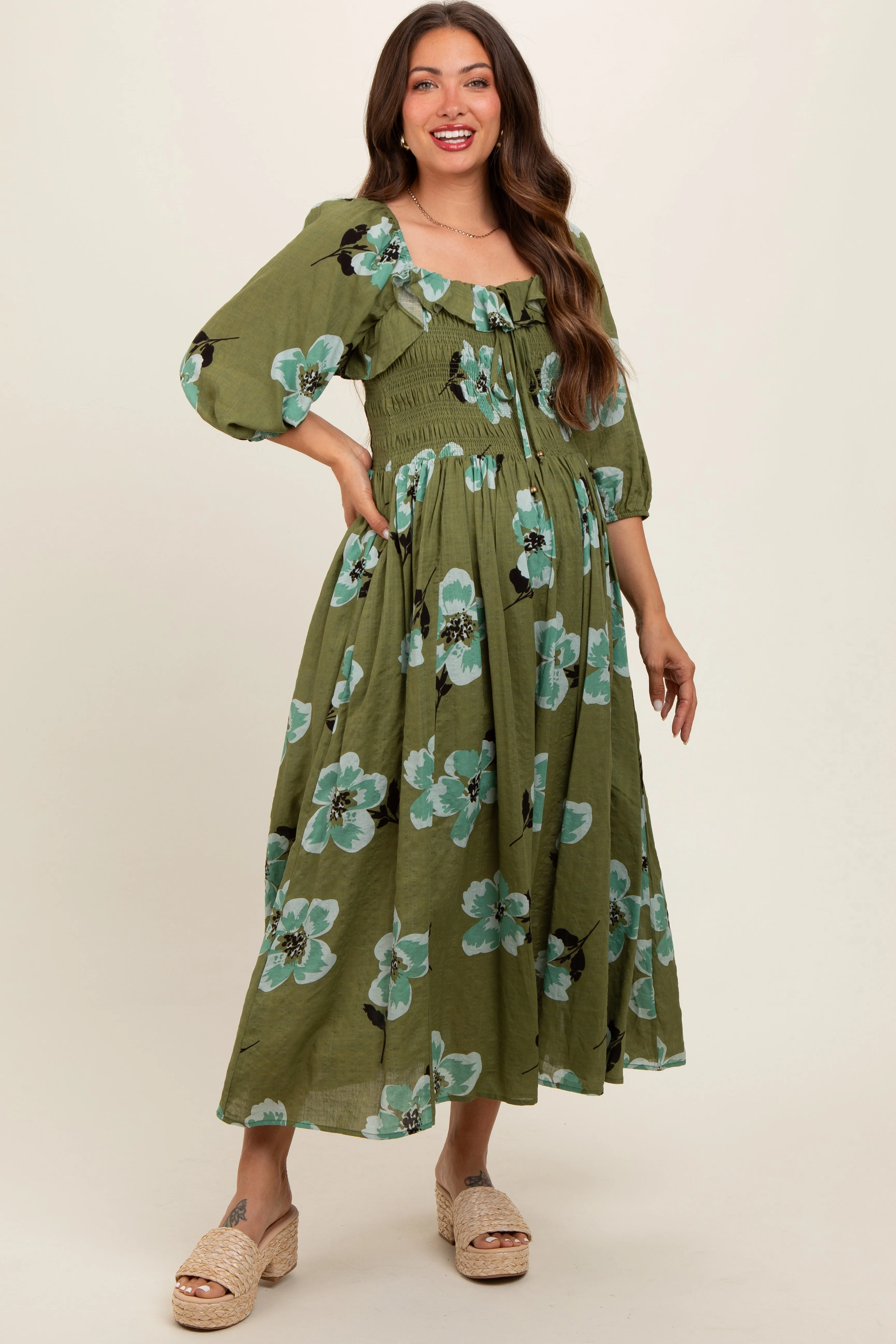 Olive Floral Smocked Maternity Midi Dress sold by Pinkblush product image thumbnail 2