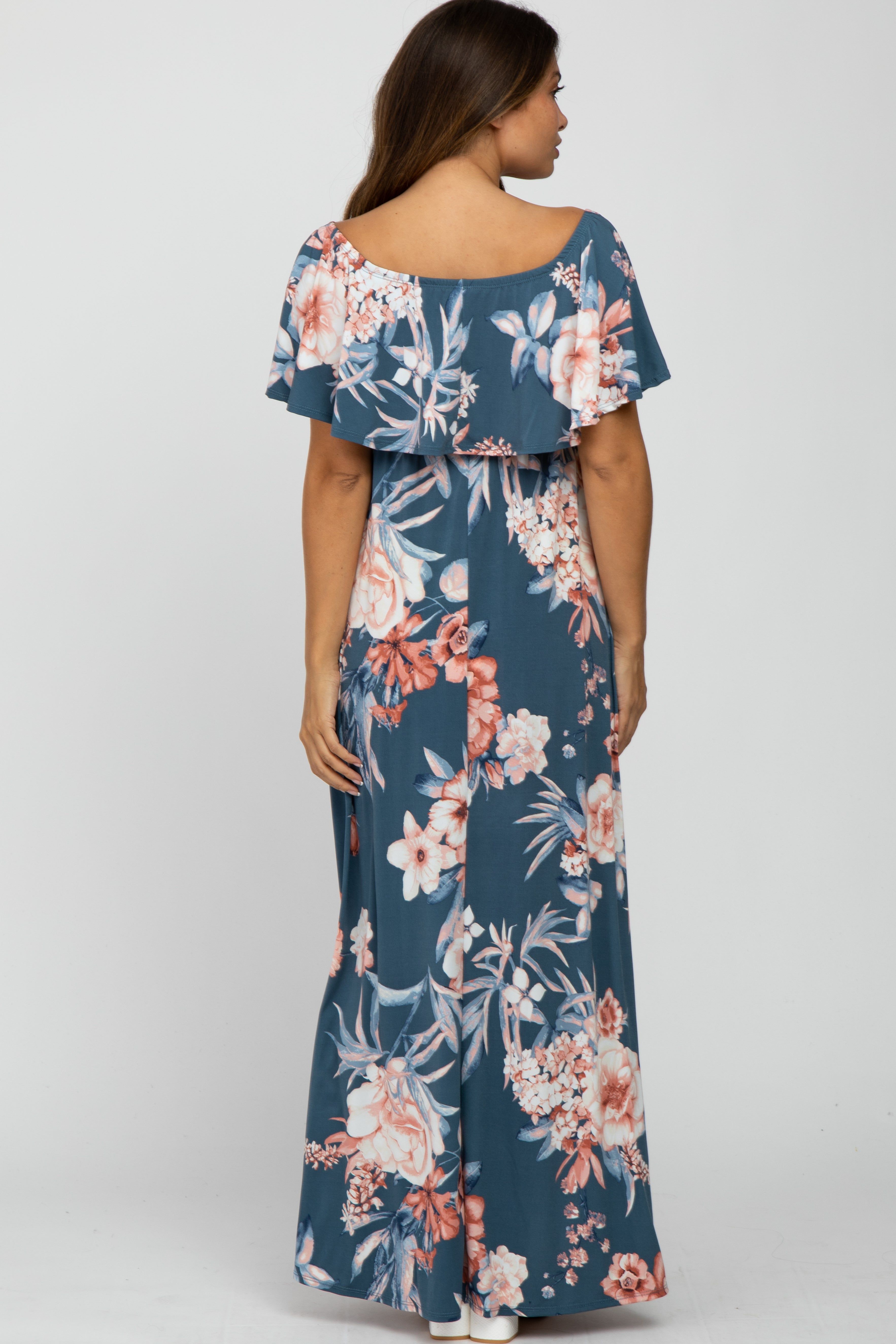 Blue Floral Off Shoulder Maternity Maxi Dress sold by Pinkblush product image thumbnail 3