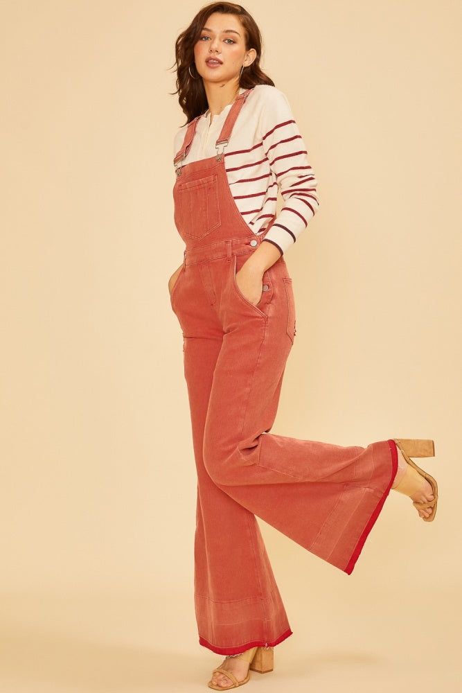 Red Stretch High Rise Flare Overall Jeans sold by Pinkblush product image thumbnail 2