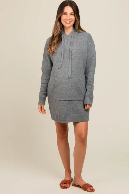 Grey Hooded Front Pocket Maternity Sweater Dress sold by Pinkblush